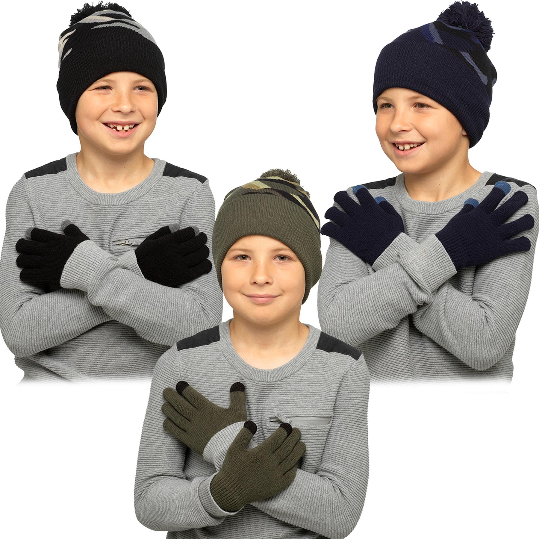 Kids Boys Hat Knitted Bobble Pom Pom Camo Hats Gloves Set Winter Warm Gloves Set