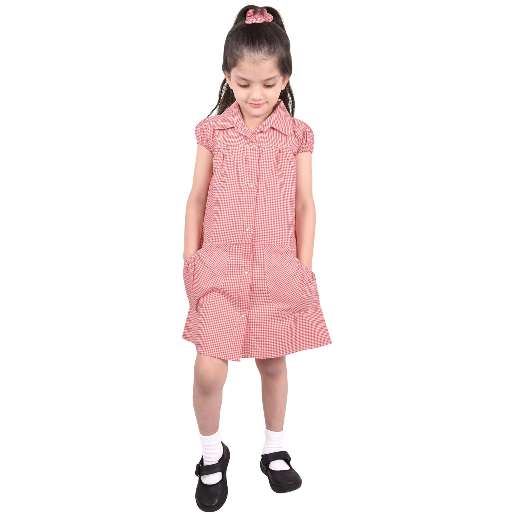 Kids Girls Pack Of 2 Uniform School Dress Gingham Dress With Matching Scrunchies