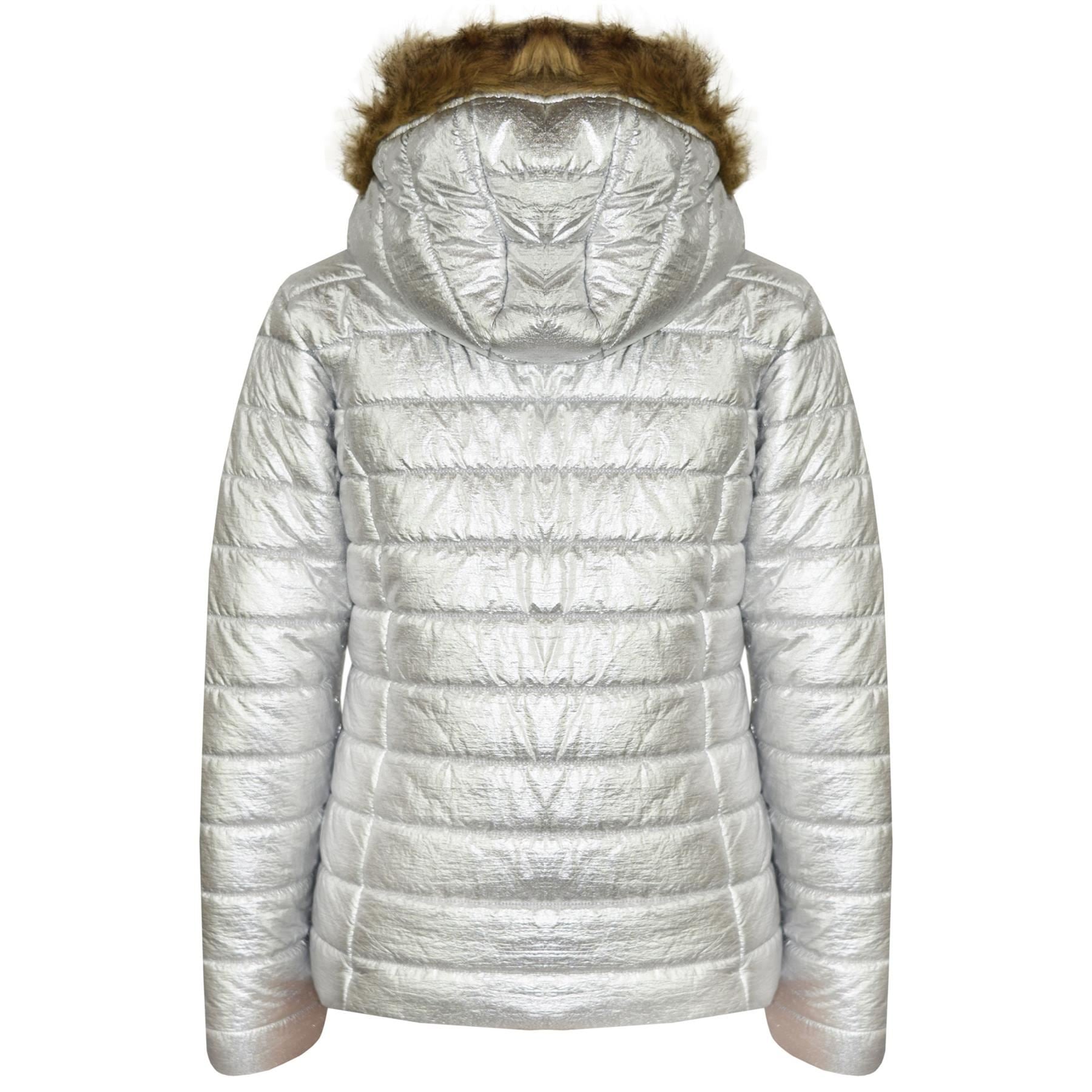 Kids Girls Jackets Metallic Silver Puffer Padded Quilted Hooded Faux Fur Coats