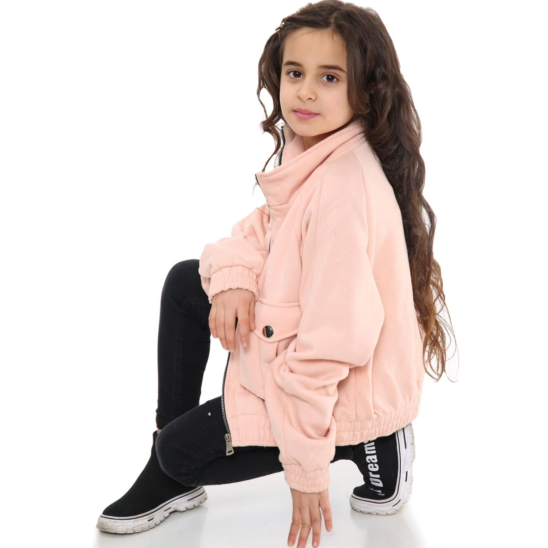 Kids Girls Plain Zip Up Cropped Blush Jackets Utility Pockets Fleece Coats 7-13Y