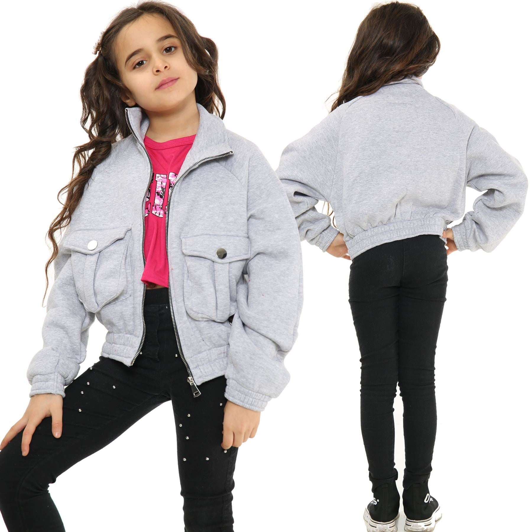 Kids Girls Plain Zip Up Cropped Grey Jackets Utility Pockets Fleece Coats 7-13 Y