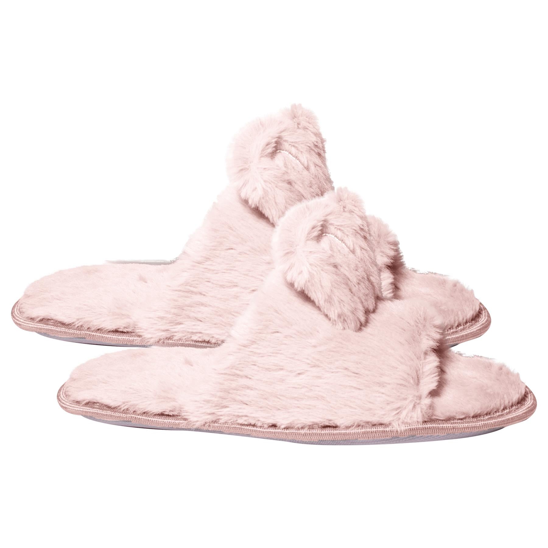 Women Bunny Ear Slippers Fluffy Faux Fur Open Toe Warm Fuzzy Memory Foam Sliders