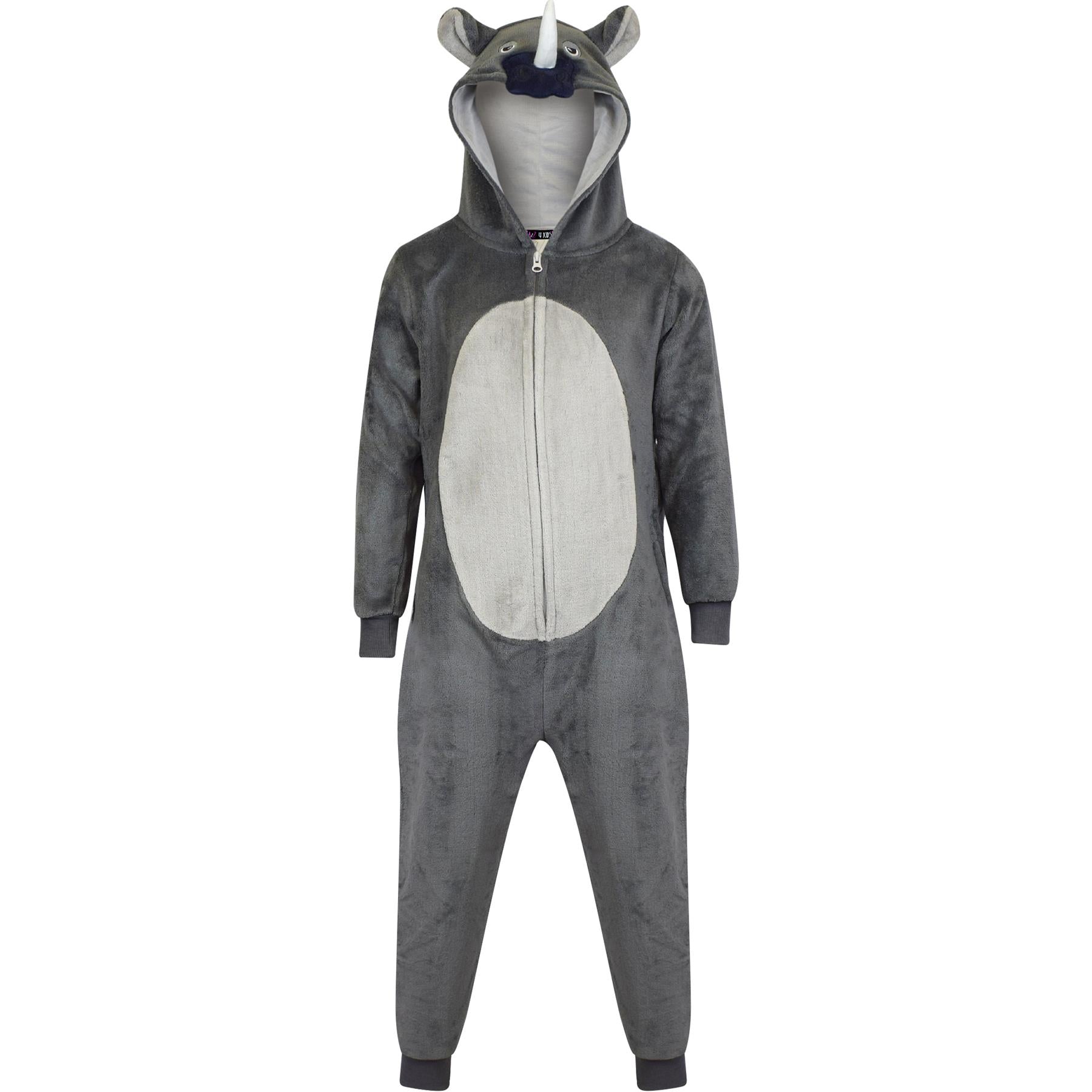 Unisex Rhino Onesie Animal Face Jumpsuits Playsuit One Piece Pyjama 3-14 Yrs