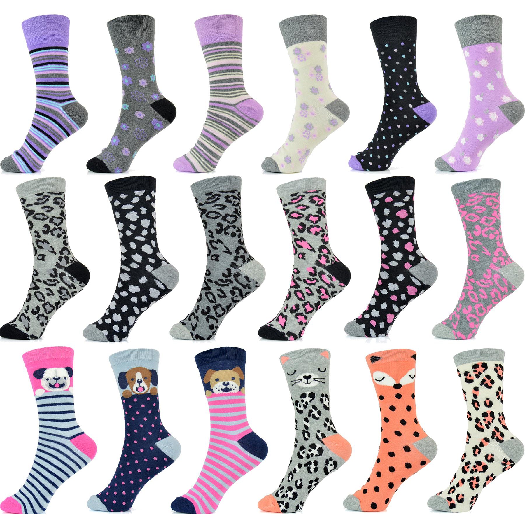 Ladies Leopard Dog Cat Designed Mid Calf Socks Pack of 6 Cotton Rich Striped Socks