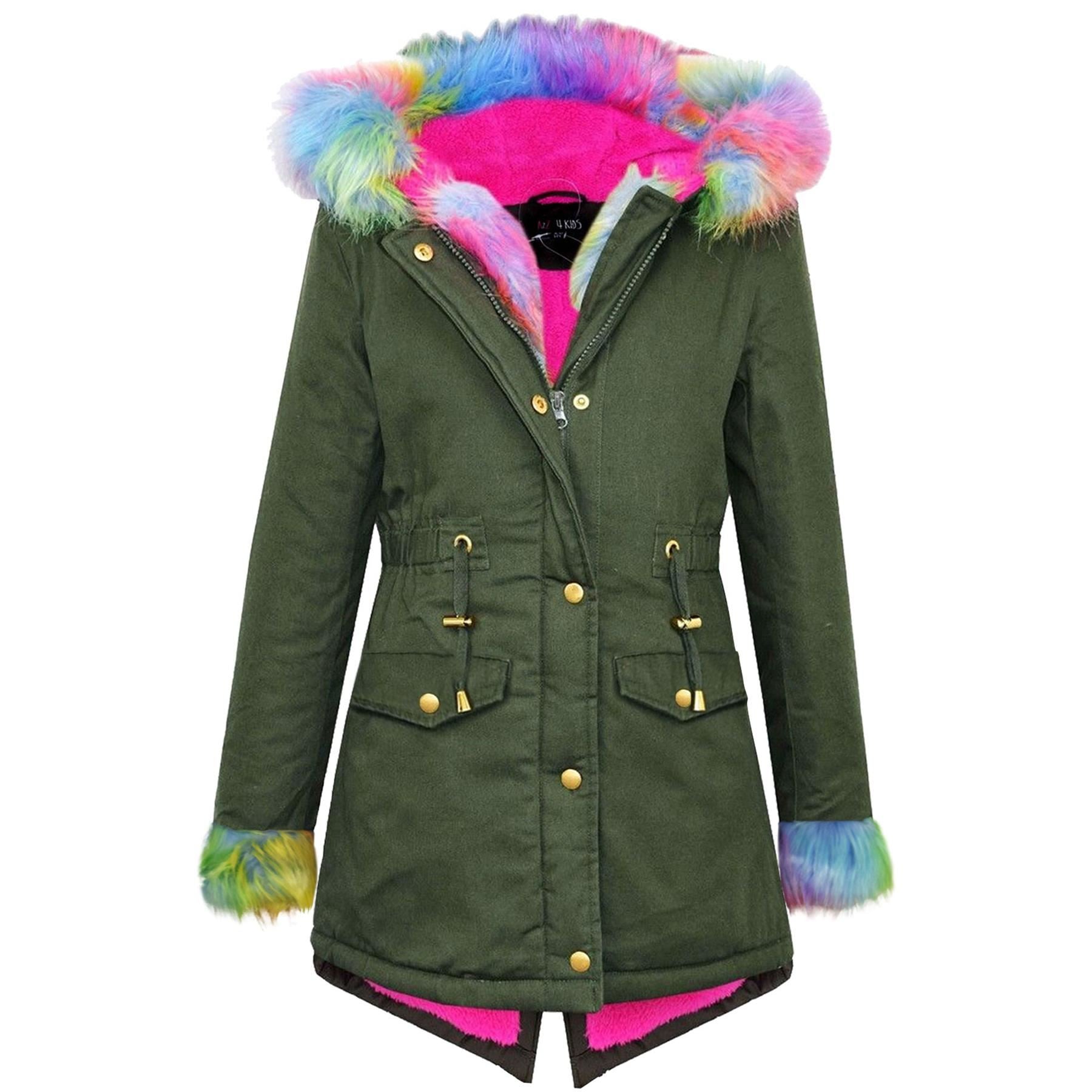 Kids Girls Hooded Jacket Rainbow Faux Fur Parka School Jackets Outerwear