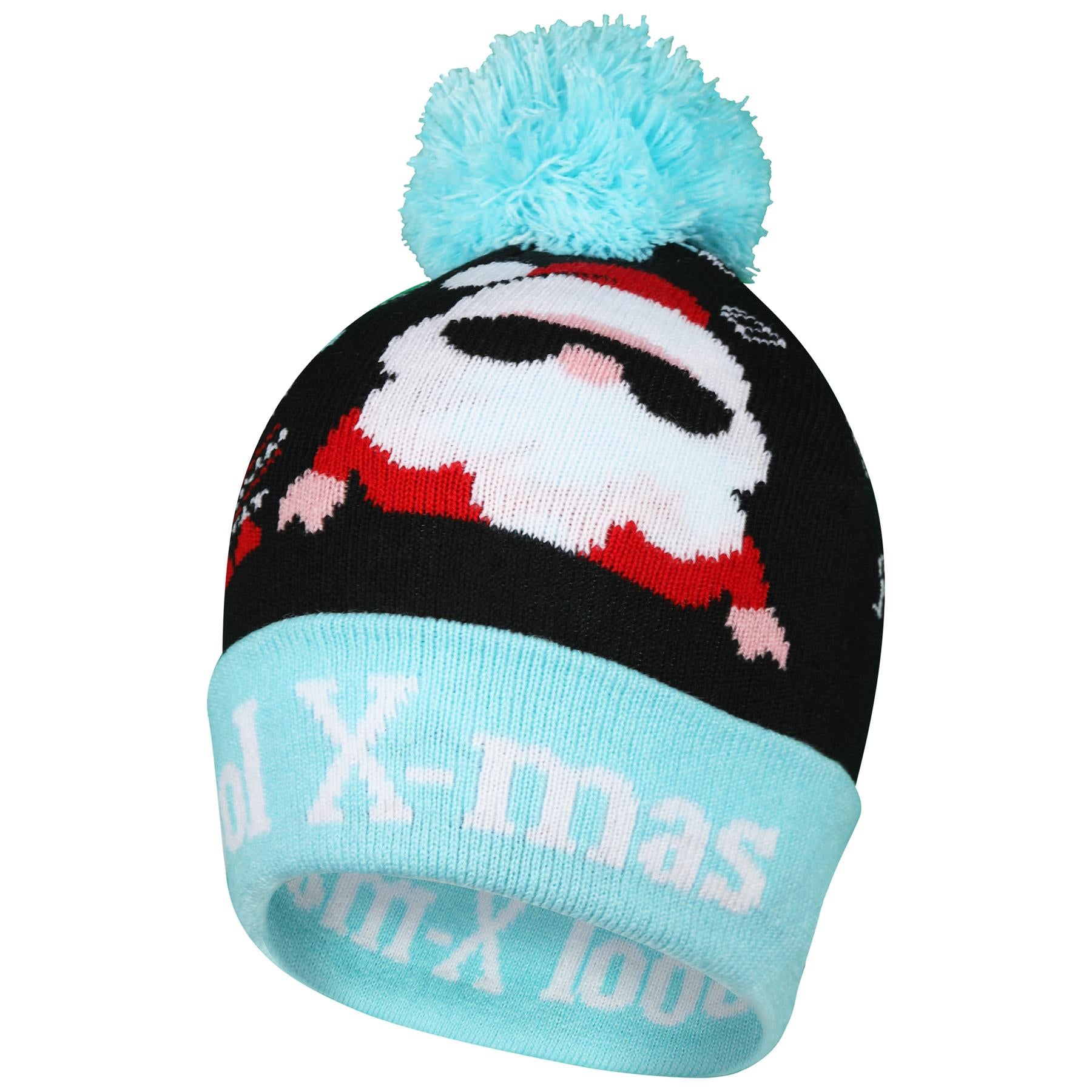 Kids Girls Hat Xmas Ho Ho Ho Pudding Knit Bobble Pom Pom Winter Warm Cozy Hats