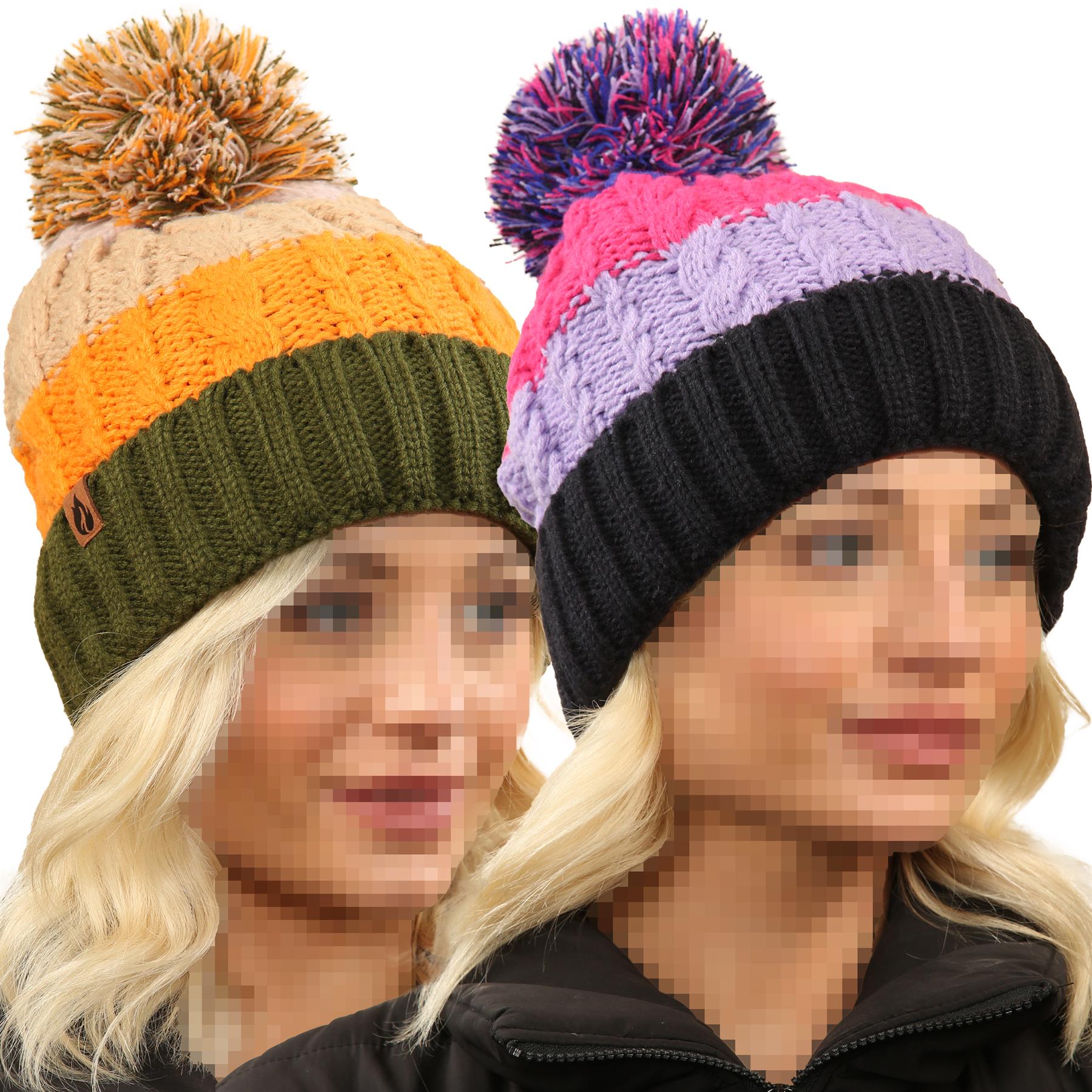 A2Z Ladies Hats Multi Stripe Bobble Beanie Sherpa Lined Pom Pom Winter Warm Crazy Caps