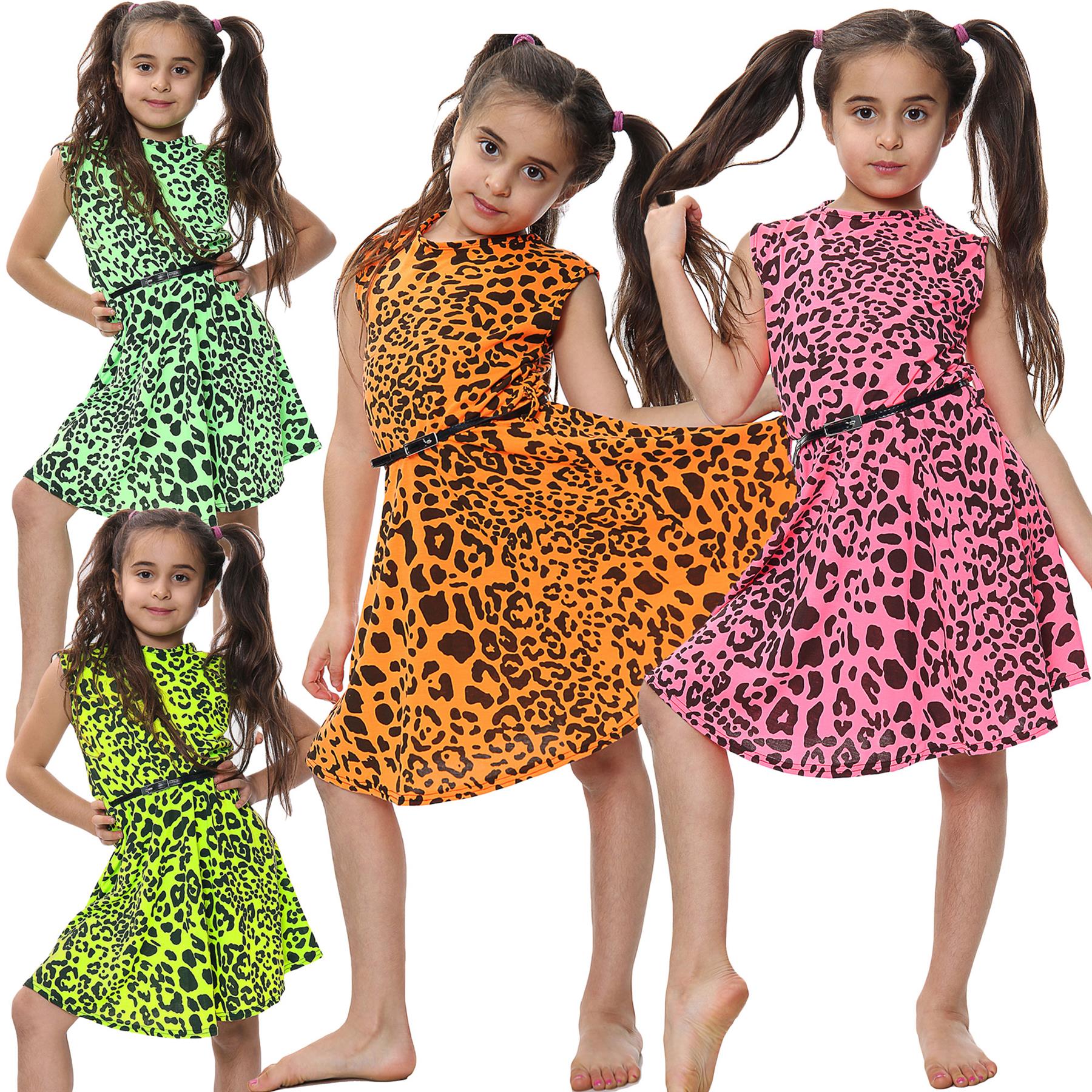 Kids Girls Skater Dress Leopard Summer Dresses With A Free Belt Age 5-13 Years