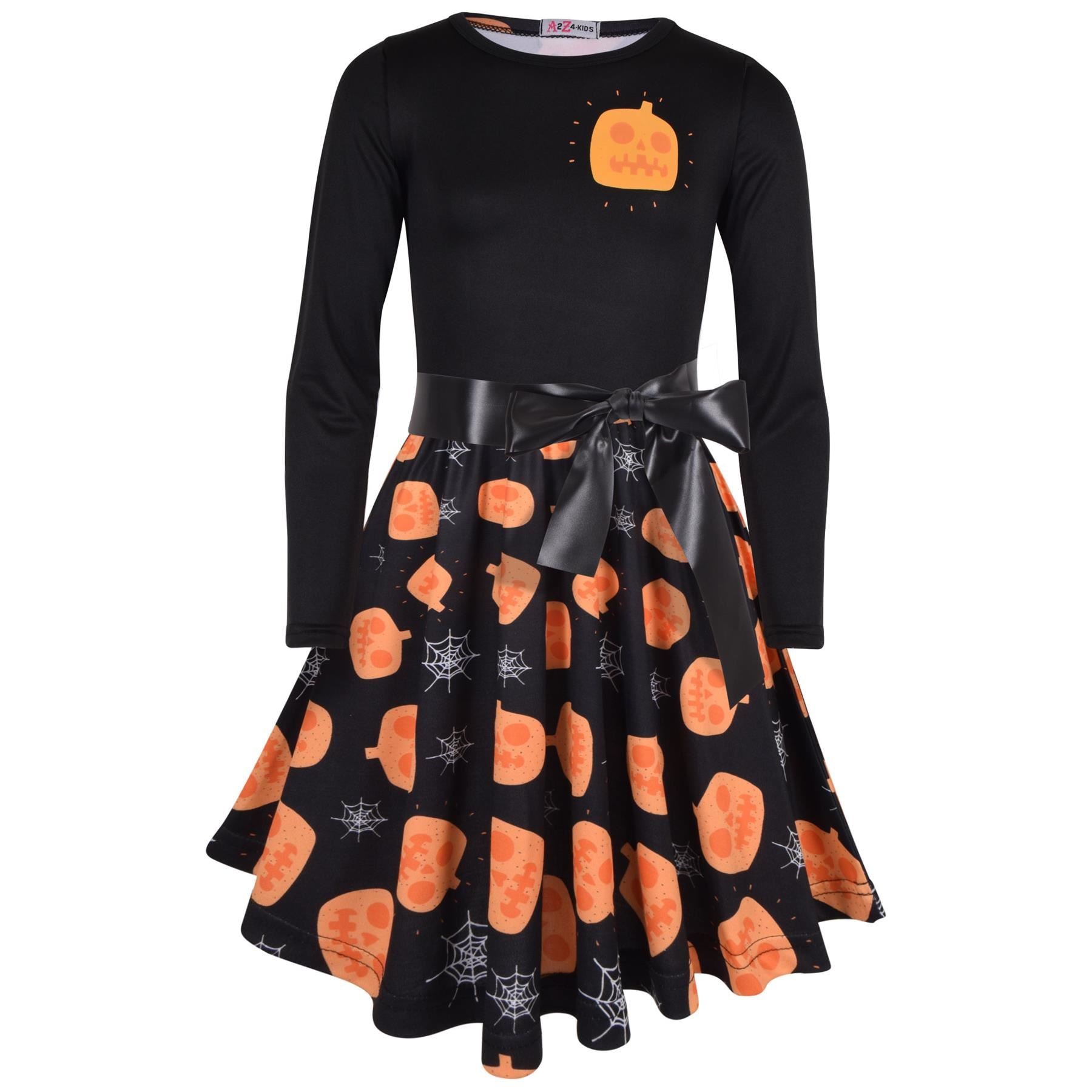 Girls Long Sleeves Black Panelled Pumpkins Print Halloween Skater Dress