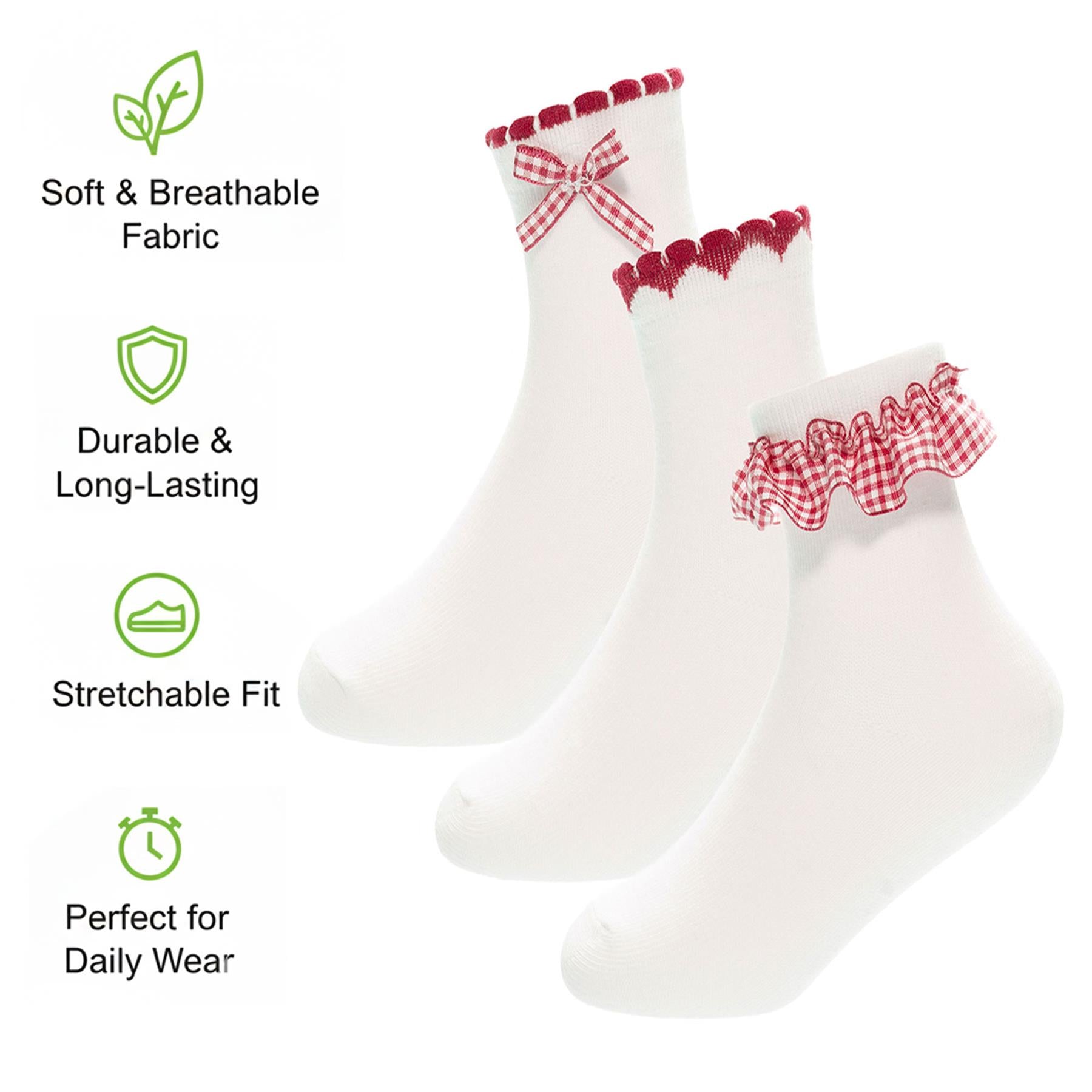 A2Z 4 Kids Girls 3 Pack Gingham Lace Trim Frill & Bow School Ankle Socks