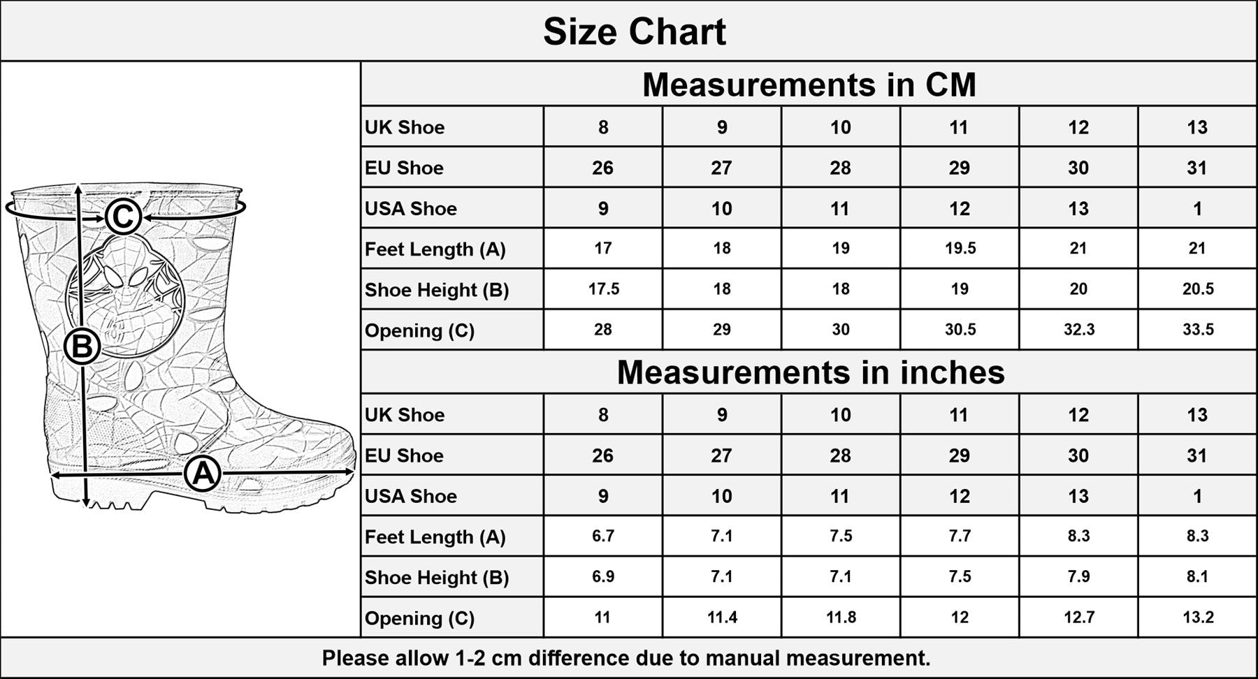 Kids Boys Spiderman Officially Licensed Rain Boot Anti-Skid Rubber Wellies Shoes