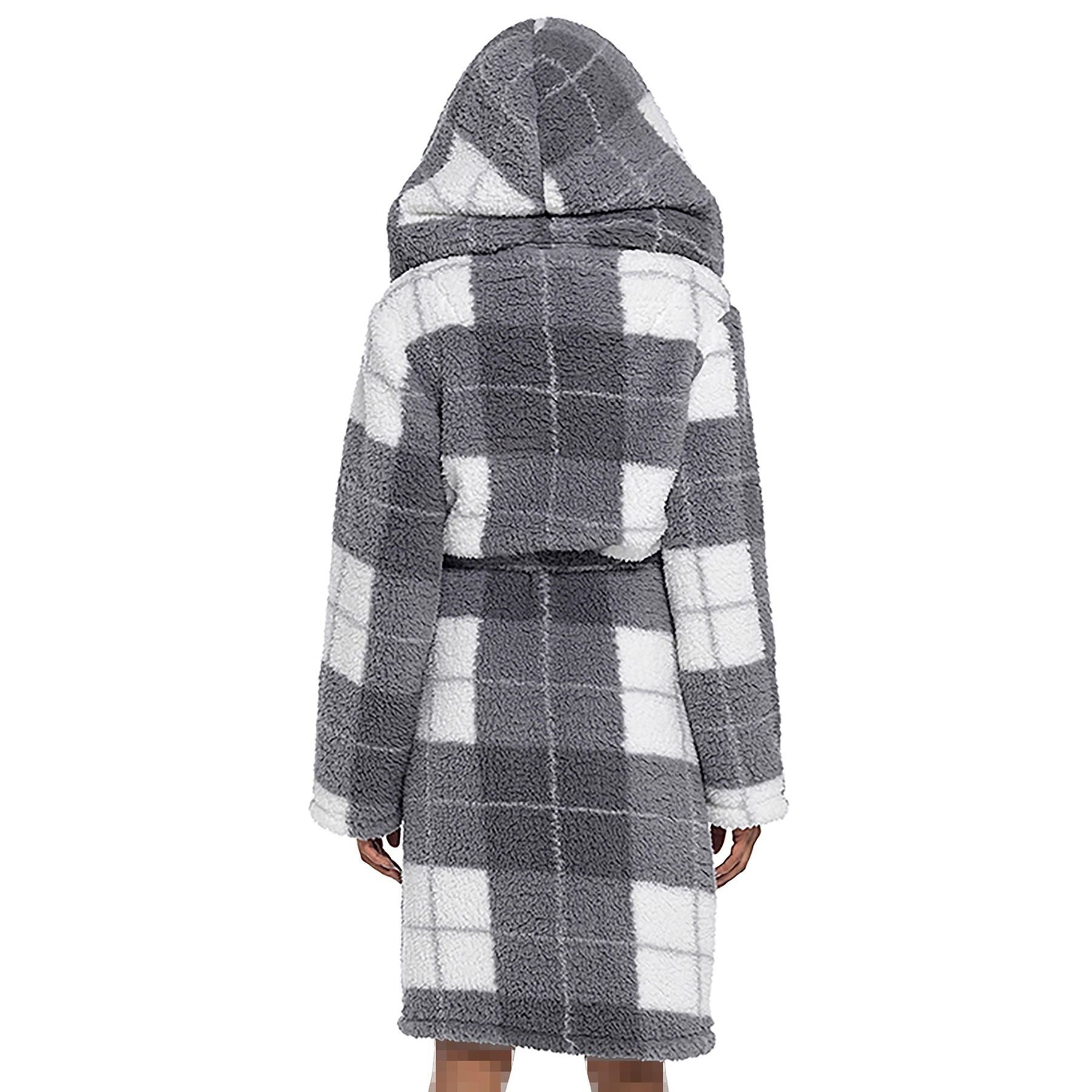 A2Z Women's Luxurious Fluffy Fleece Robe Check Print Sherpa Hooded Dressing Gown