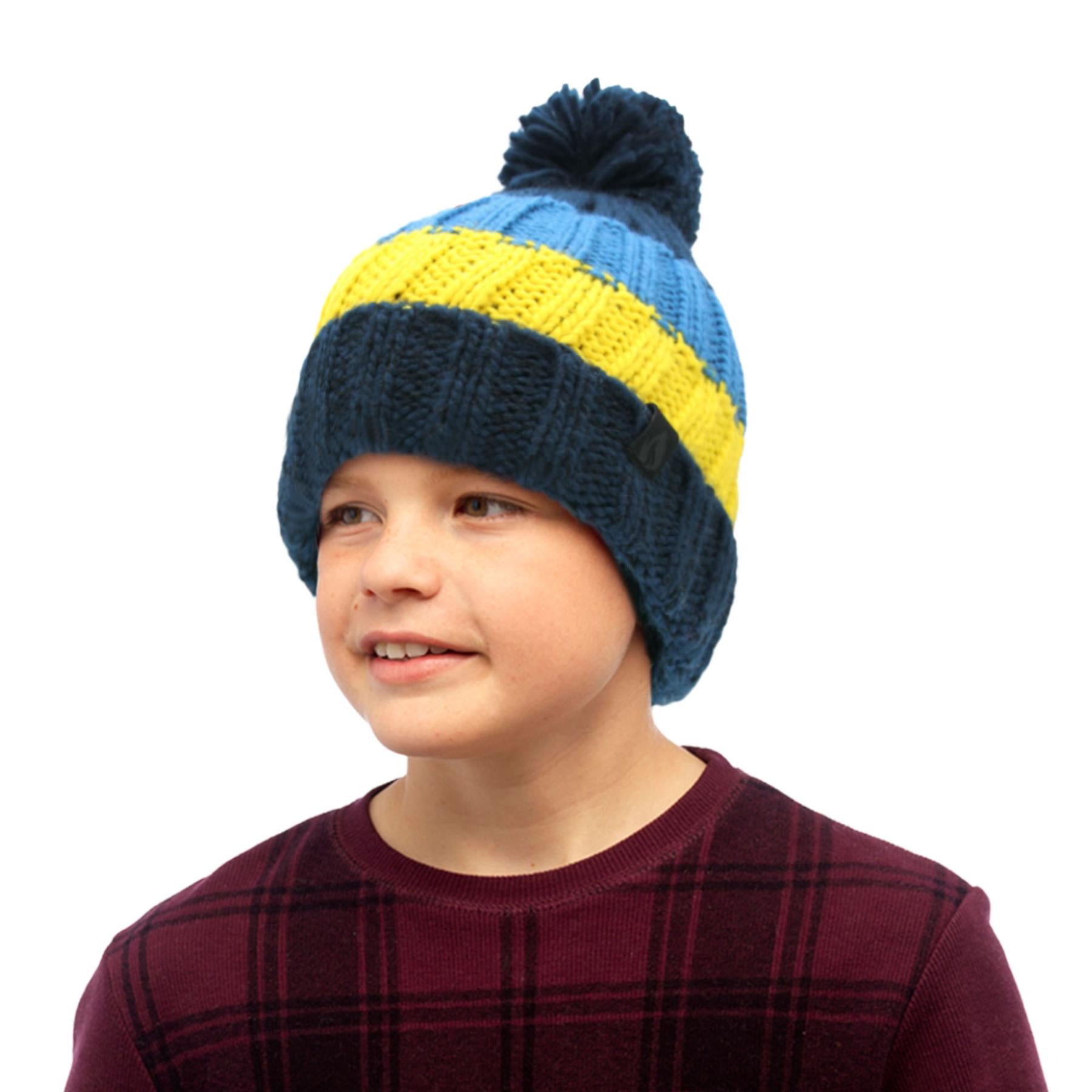 Kids Boys Hat 2 Pack Nordic Block Striped Bobble Knit Pom Pom Winter Warm Hats