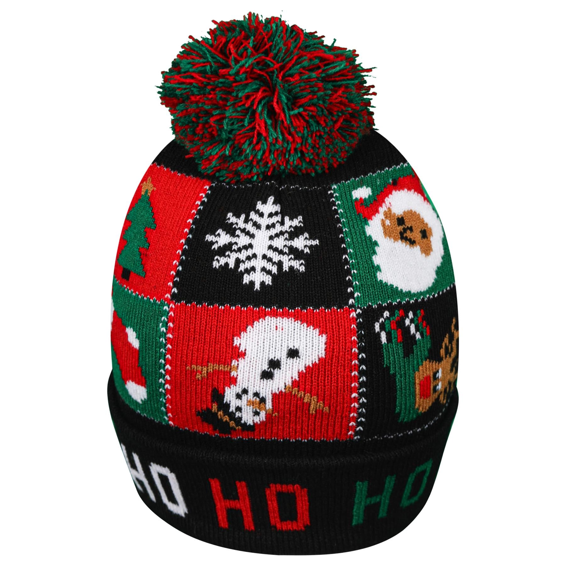 Kids Girls Hat Xmas Ho Ho Ho Pudding Knit Bobble Pom Pom Winter Warm Cozy Hats