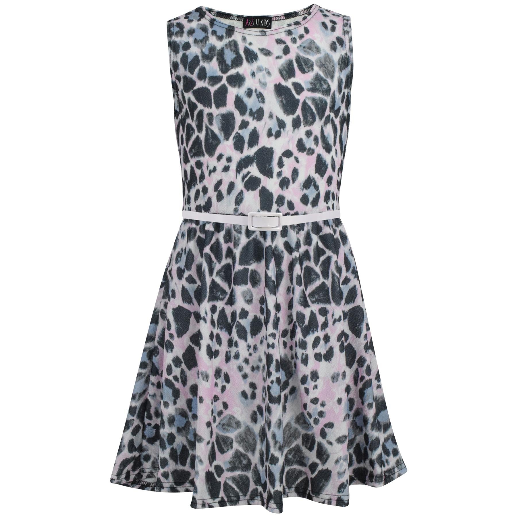 Kids Girls Skater Dress Sleeveless Leopard Print Party