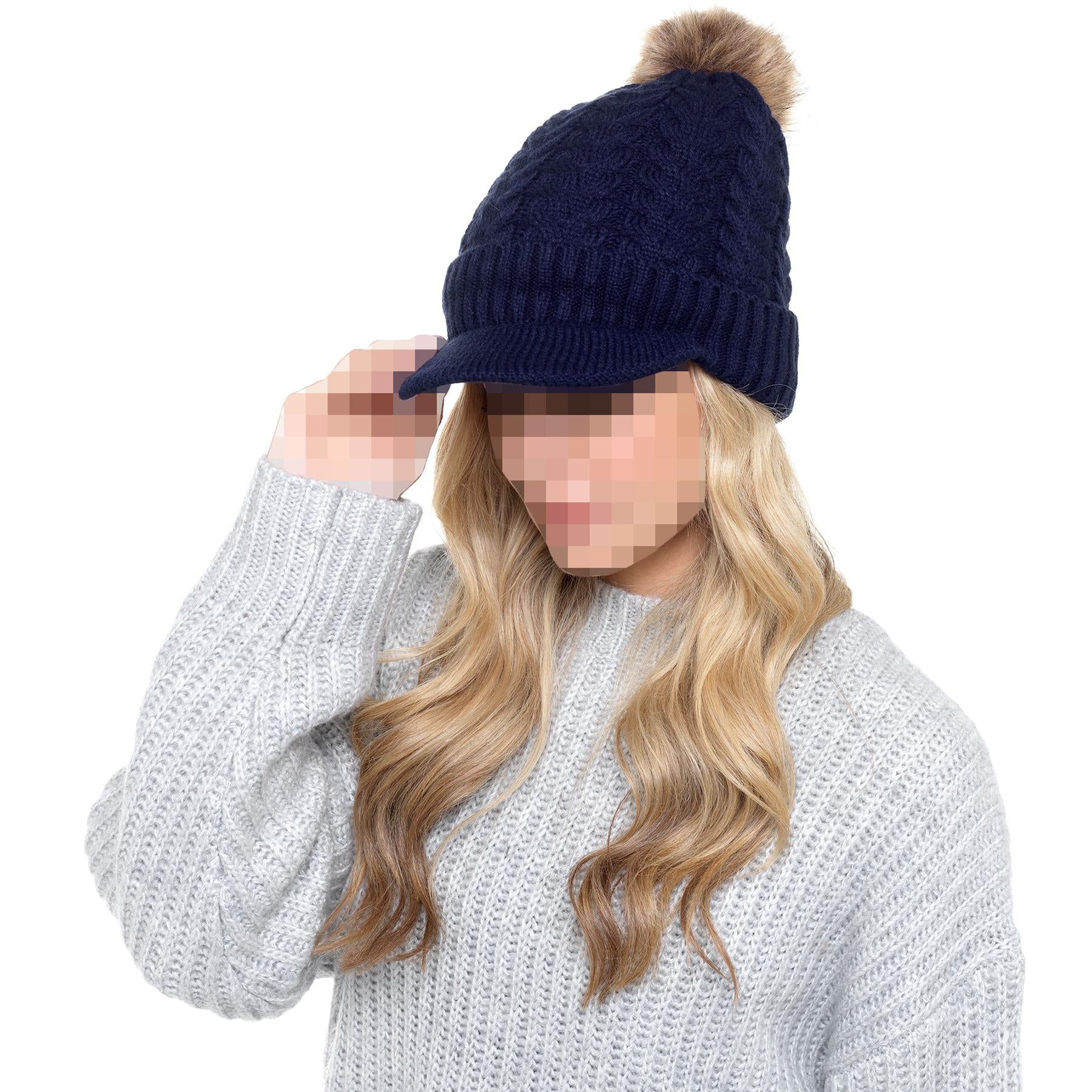 A2Z Ladies Hat Cable Knit Peaked Sherpa Detachable Pom Pom Winter Warm Cozy Caps