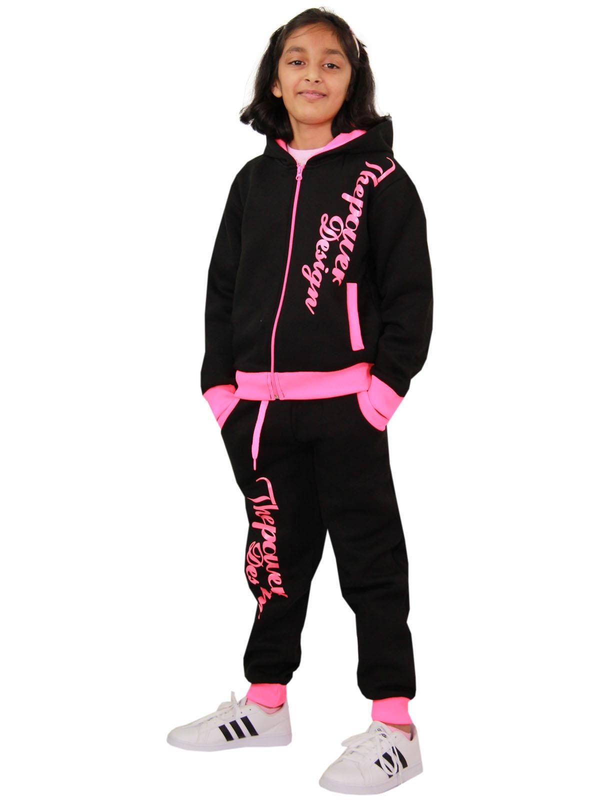 Kids Girls The Power Design Jogger Black & Neon Pink Tracksuit