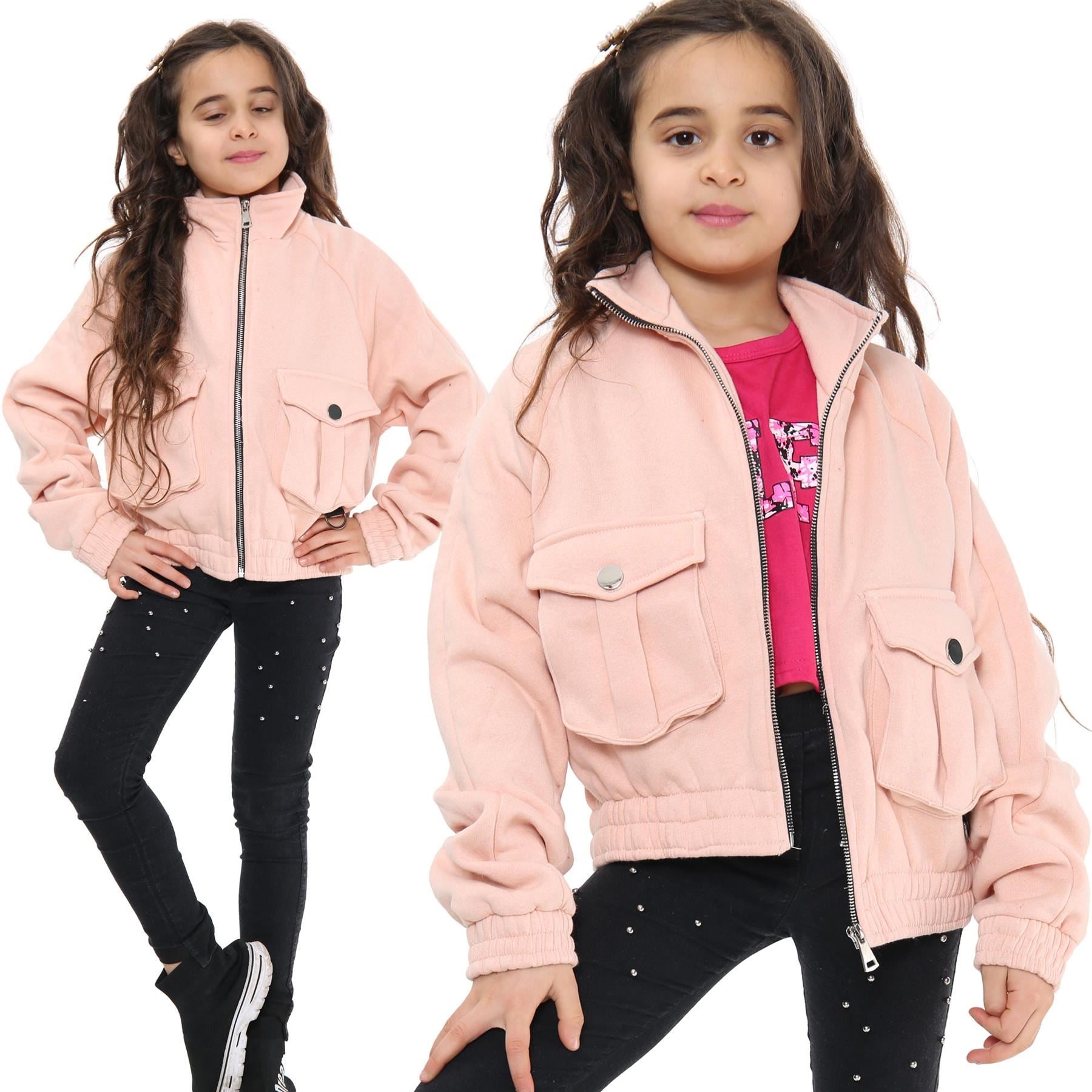 Kids Girls Plain Zip Up Cropped Blush Jackets Utility Pockets Fleece Coats 7-13Y