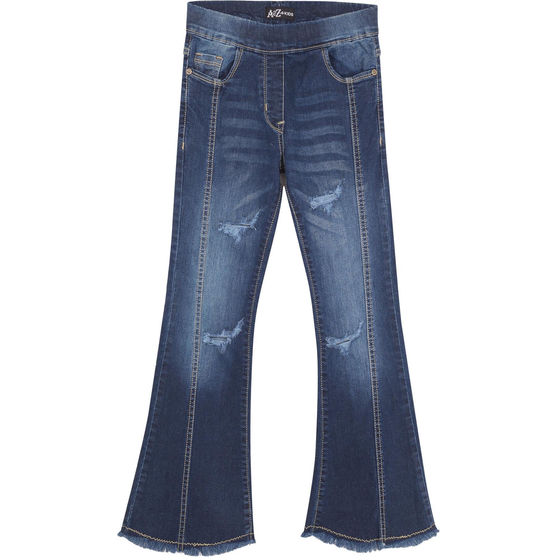 A2Z 4 Kids Girls Denim Jeans Stretchy Dark Bue Flared Ripped Bell Bottom Pants