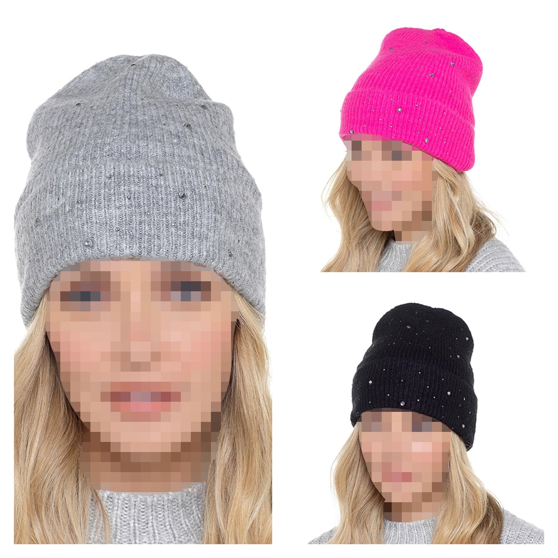 A2Z Ladies Hats Diamante Knitted Beanie Stretchy Soft Feel Winter Warm Cozy Caps