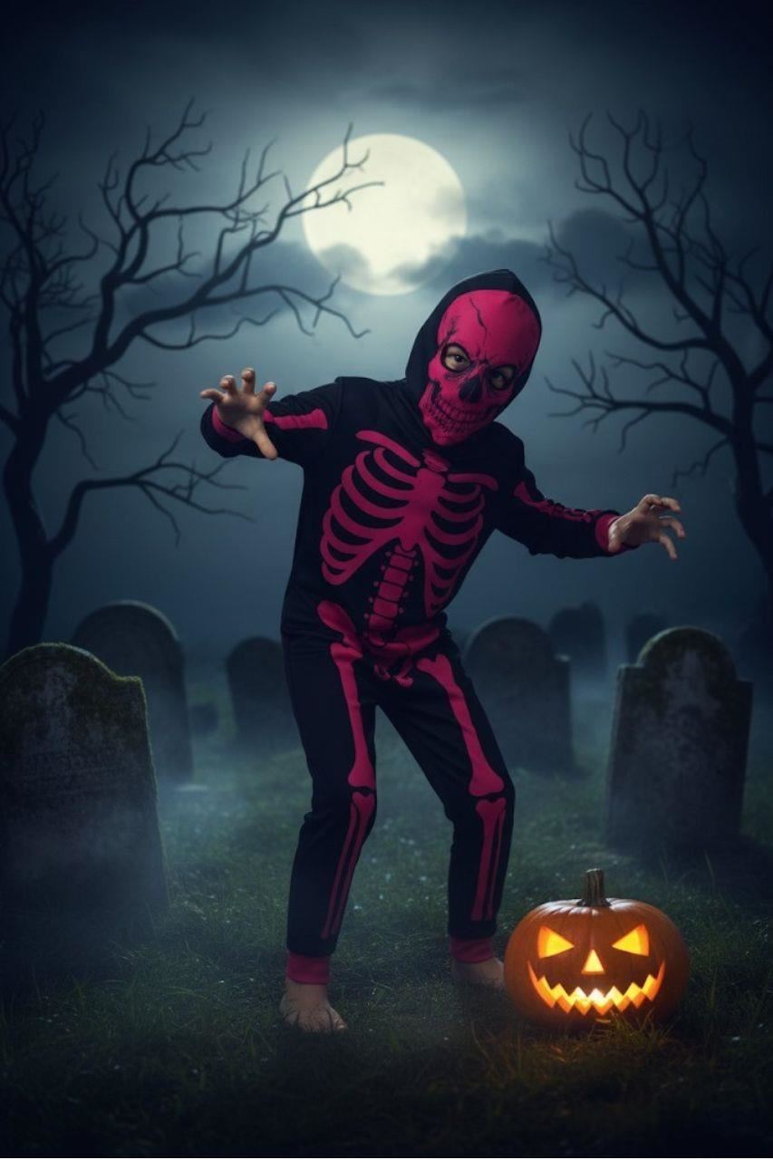 Kids Girls Boys Skeleton Print Pyjama Halloween Onesie