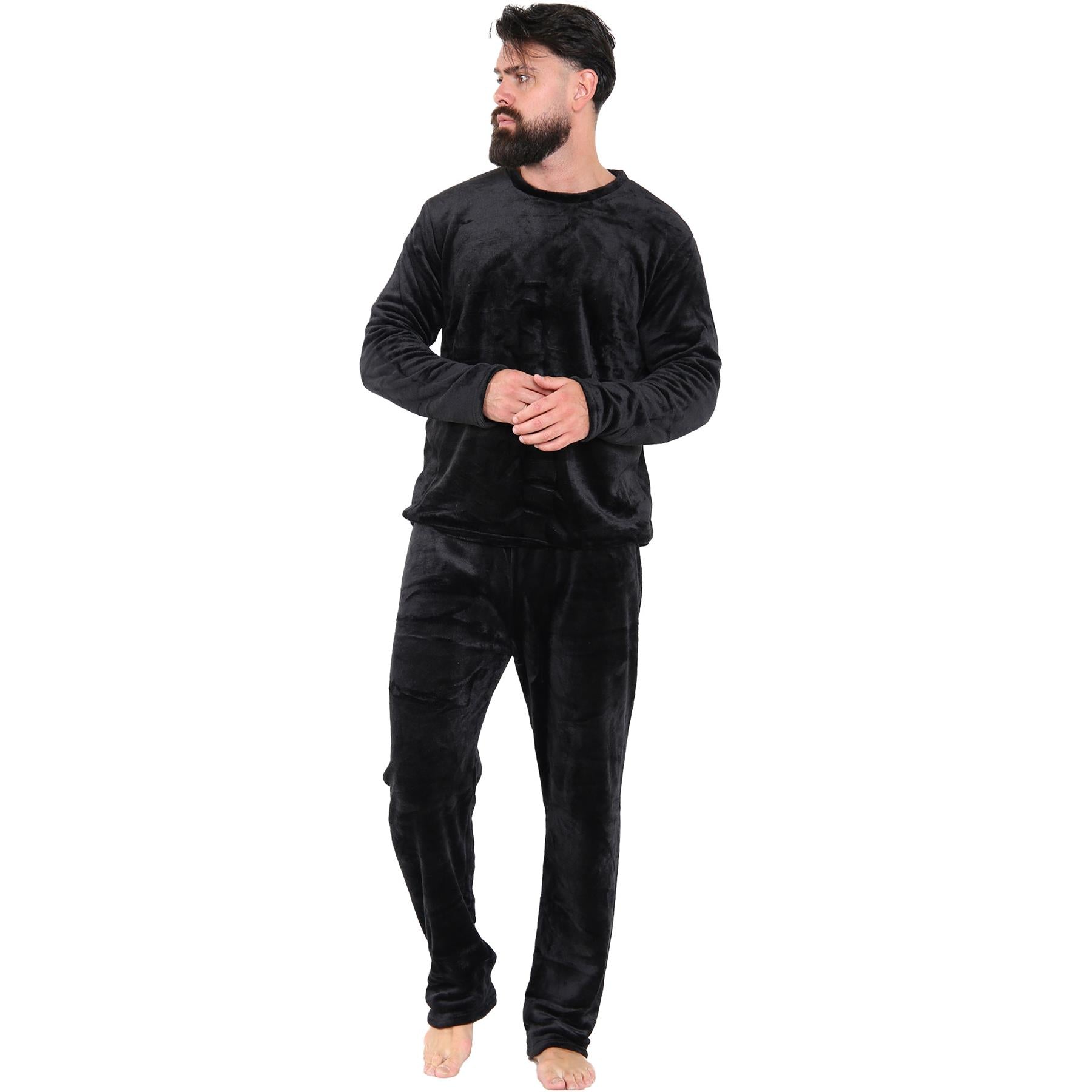 Mens Pyjamas Set Long Sleeve Crew Neck Plain Soft Fleece Pyjamas Set