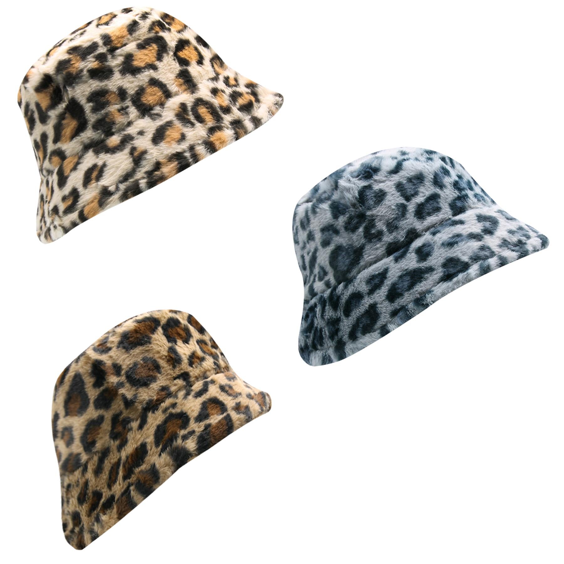 Ladies Bucket Hats Winter Warm Fluffy Leopard Faux Fur Soft Plush Fisherman Cap