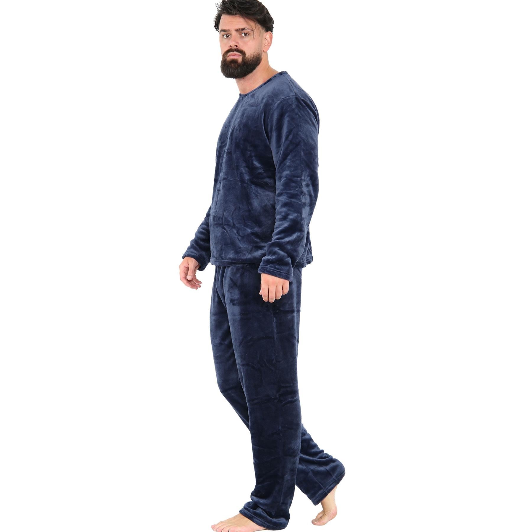 Mens Pyjamas Set Long Sleeve Crew Neck Plain Soft Fleece Pyjamas Set