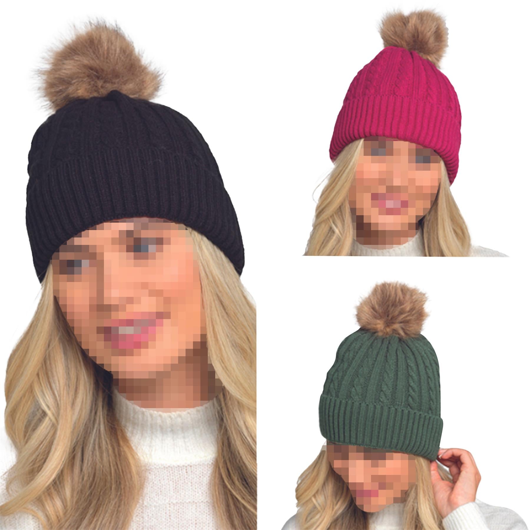 A2Z Ladies Hats Cable Knit Bobble Beanie Faux Fur Pom Pom Winter Warm Cozy Caps