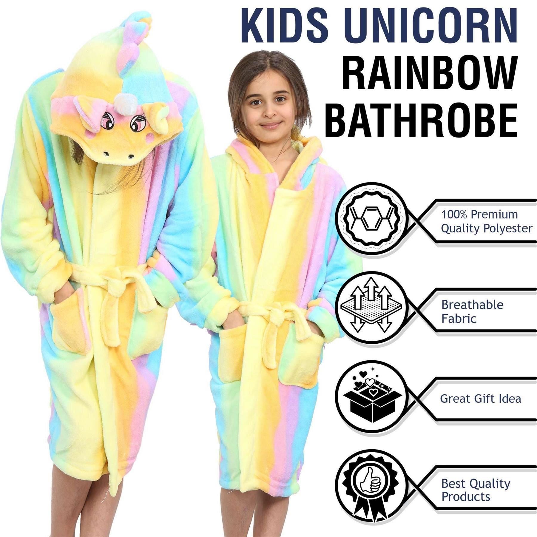 Kids Girls Unicorn Rainbow Print Hooded Bathrobe 3D Xmas Gown