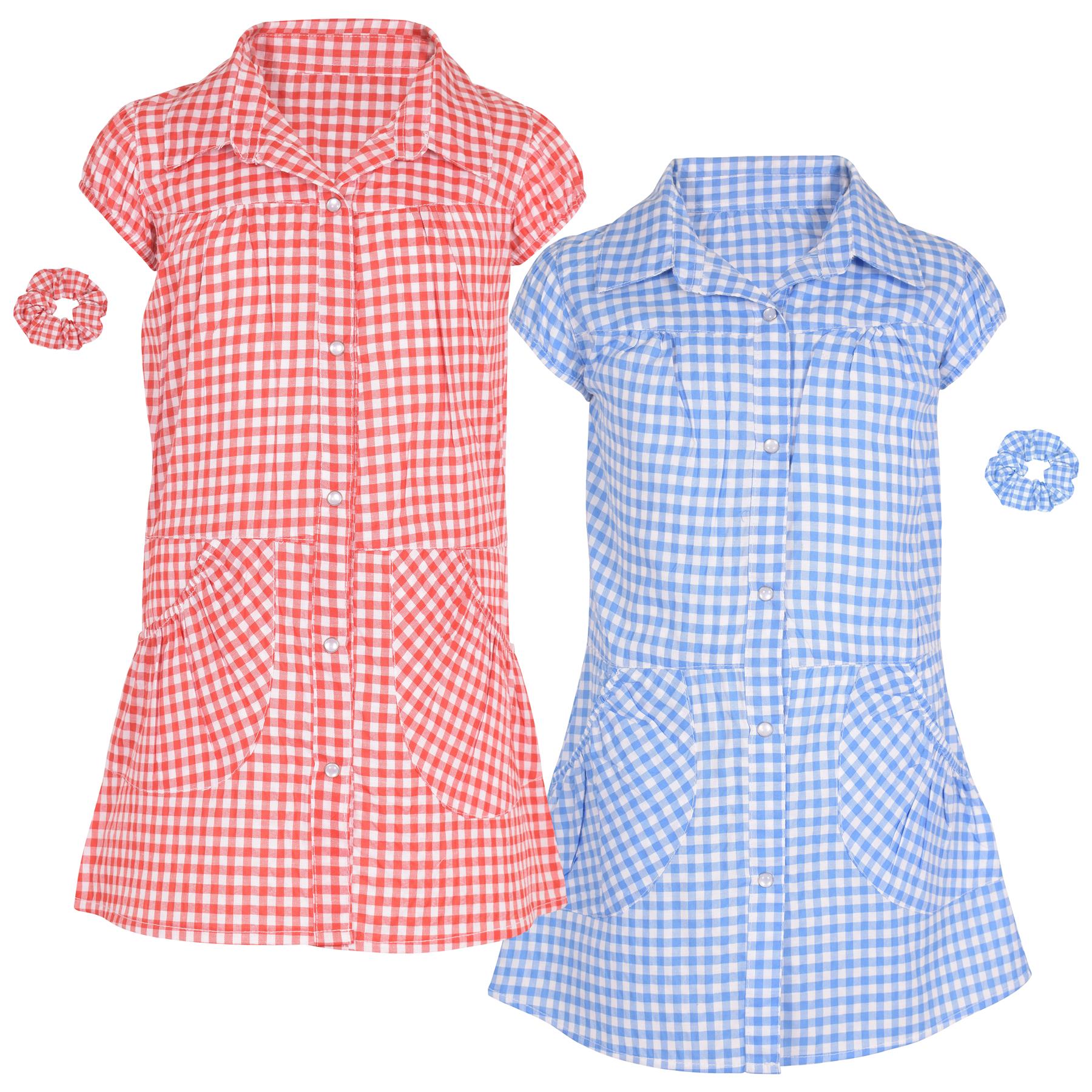 Kids Girls Gingham School Dress Check Printed Dresses With Matching Scrunchies