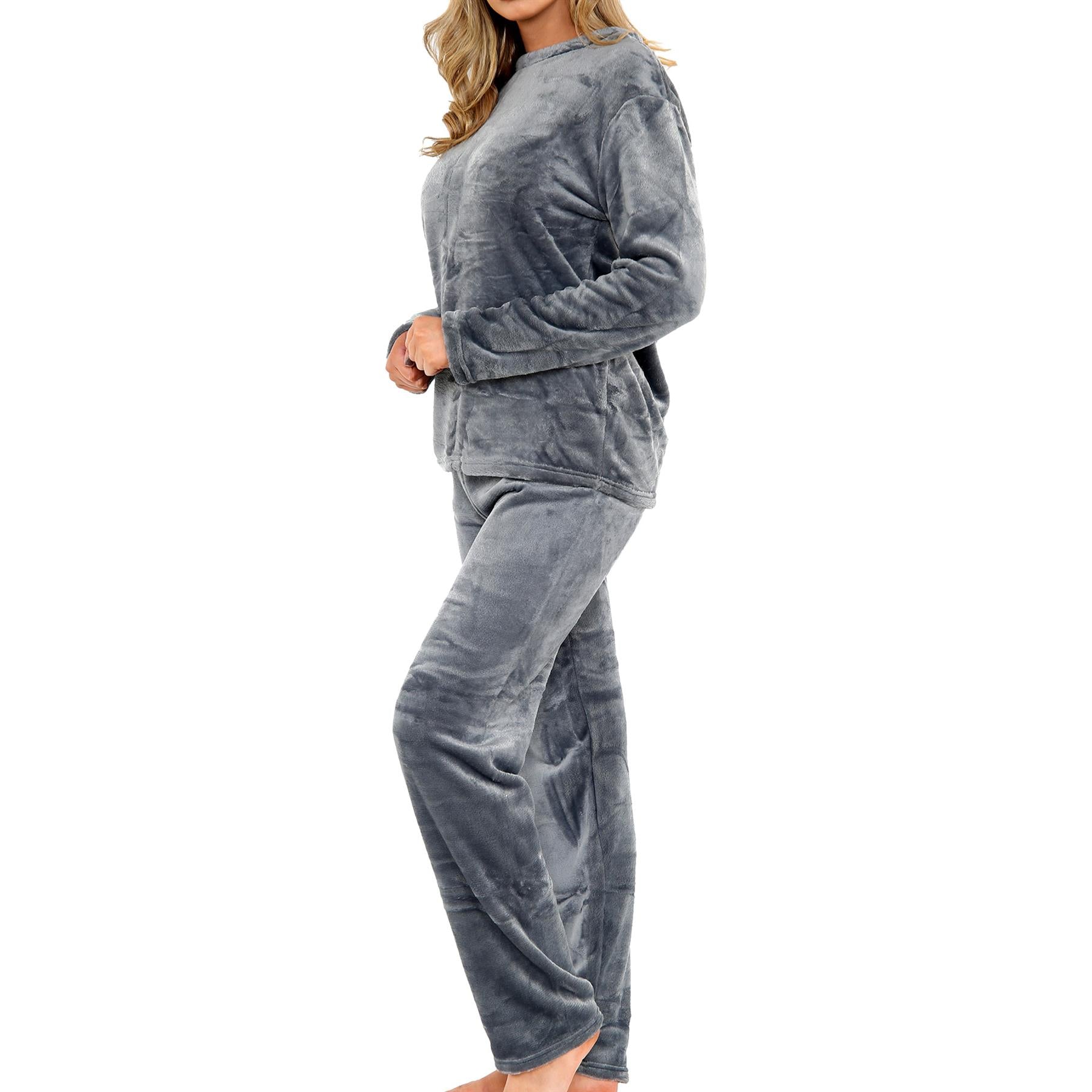 Ladies Pyjamas Soft Warm Fleece Adults Crew Neck Pyjamas 2 Piece Gift Set