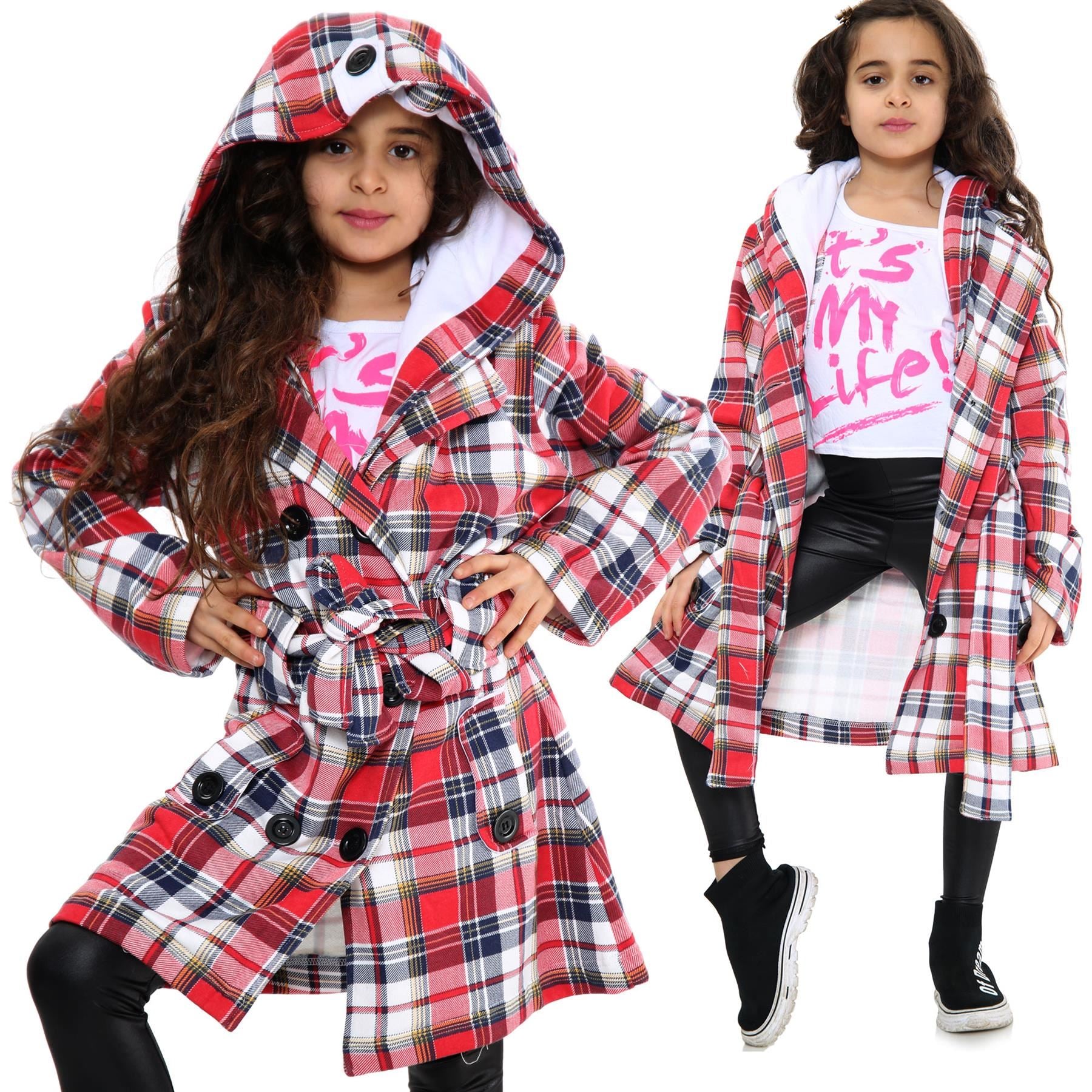 Kids Girls Overcoats Hooded Trench Coats Lapels Multi Check Long Parka Jackets