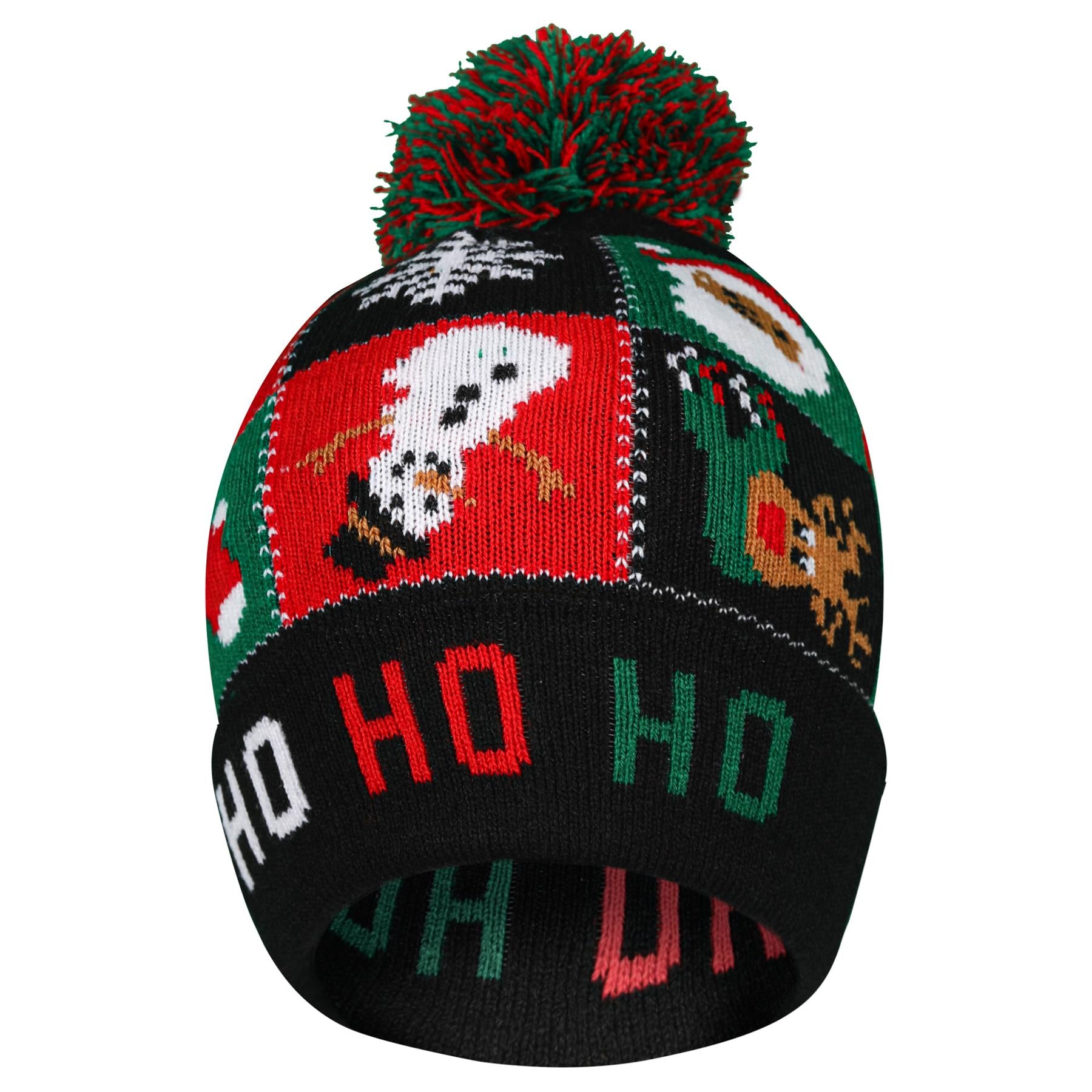 Kids Girls Hat Xmas Ho Ho Ho Pudding Knit Bobble Pom Pom Winter Warm Cozy Hats