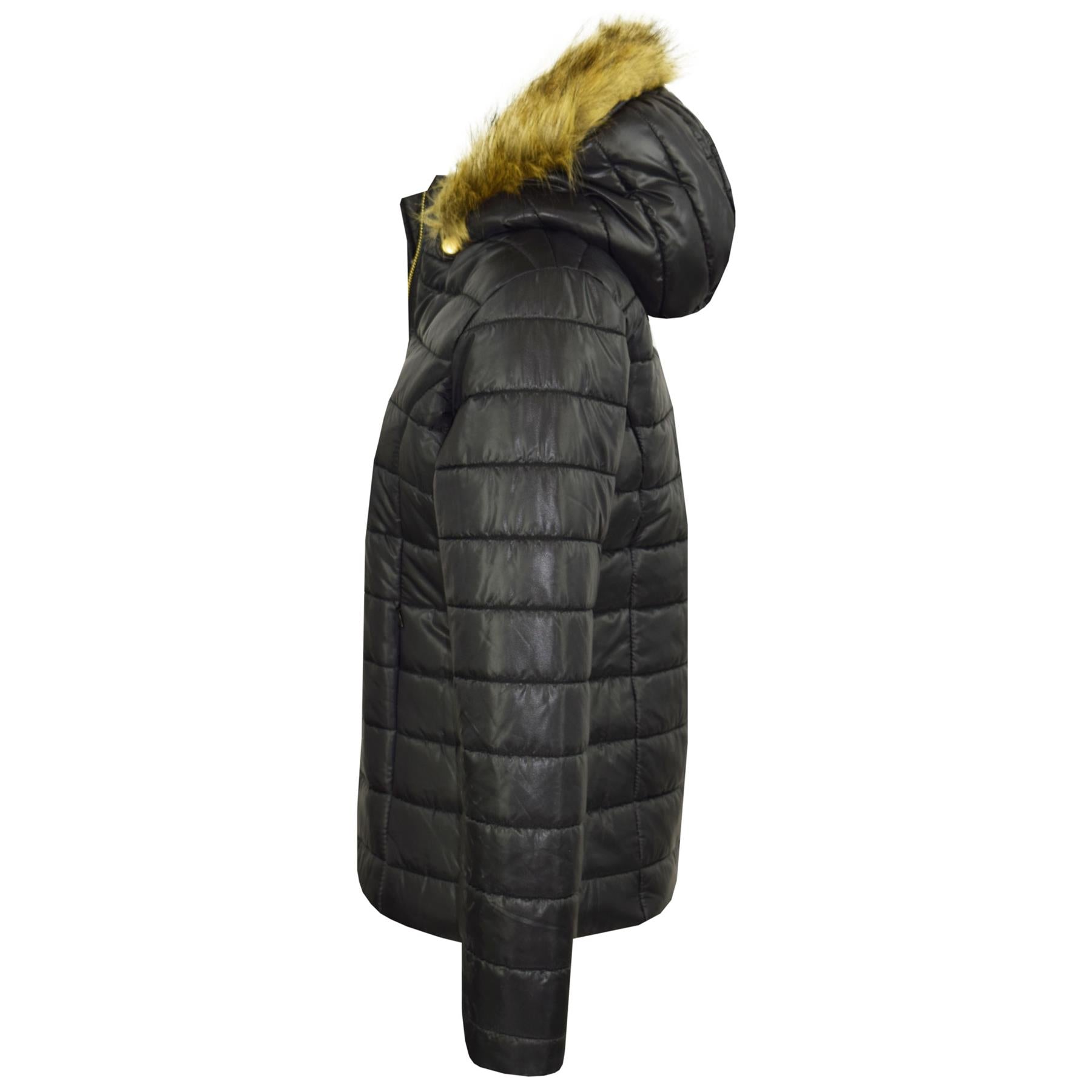 Kids Girls Jackets Black Puffer Padded Quilted Detachable Hood Faux Fur Top Coat