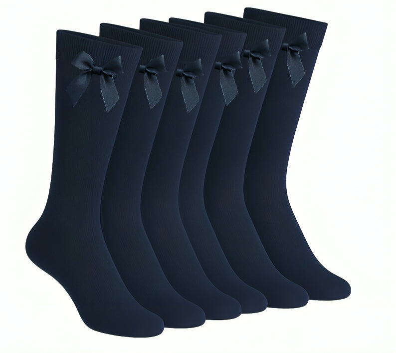 A2Z 4 Kids Girls 6 Pack Plain Knee High Socks With Ribbon Bow School Socks