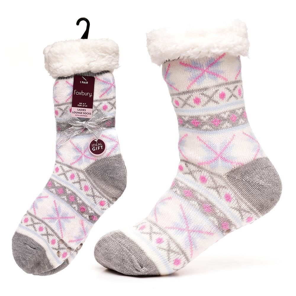 A2Z Ladies Fairisle Lounge Socks With Sherpa Lining Gripper Anti Slip Women Sock