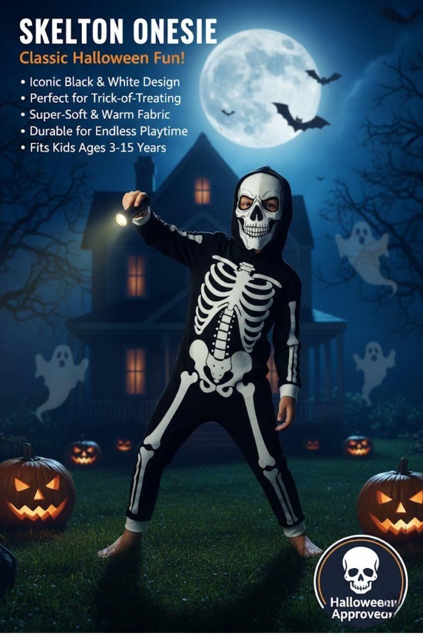 Kids Girls Boys Skeleton Print Pyjama Halloween Onesie