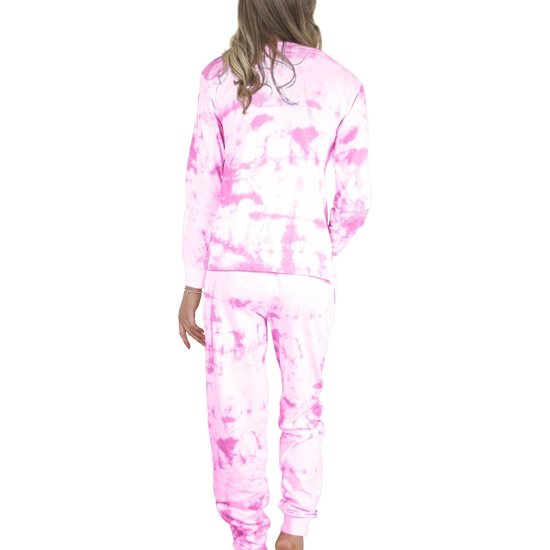 Ladies Pyjamas Tie Dye Print Pink Long Sleeves Top Bottom Lounge Suit For Women