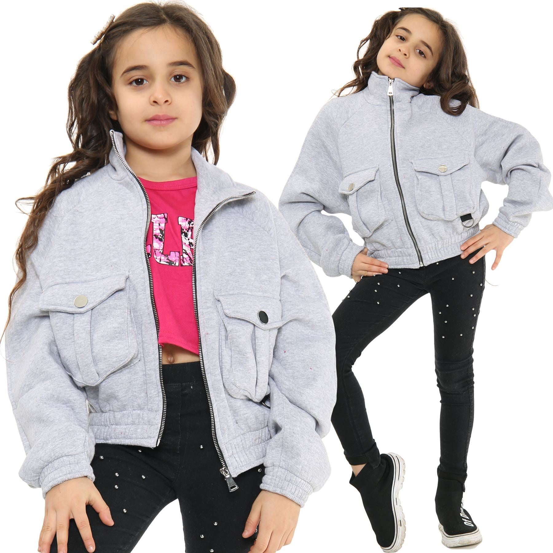 Kids Girls Plain Zip Up Cropped Grey Jackets Utility Pockets Fleece Coats 7-13 Y