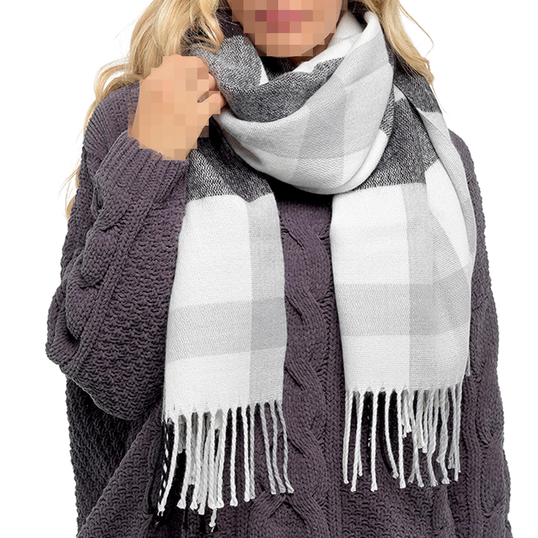 Women Oversized Check Scarf Soft Acrylic Shawl Winter Wrap Cosy Knitted Scarves