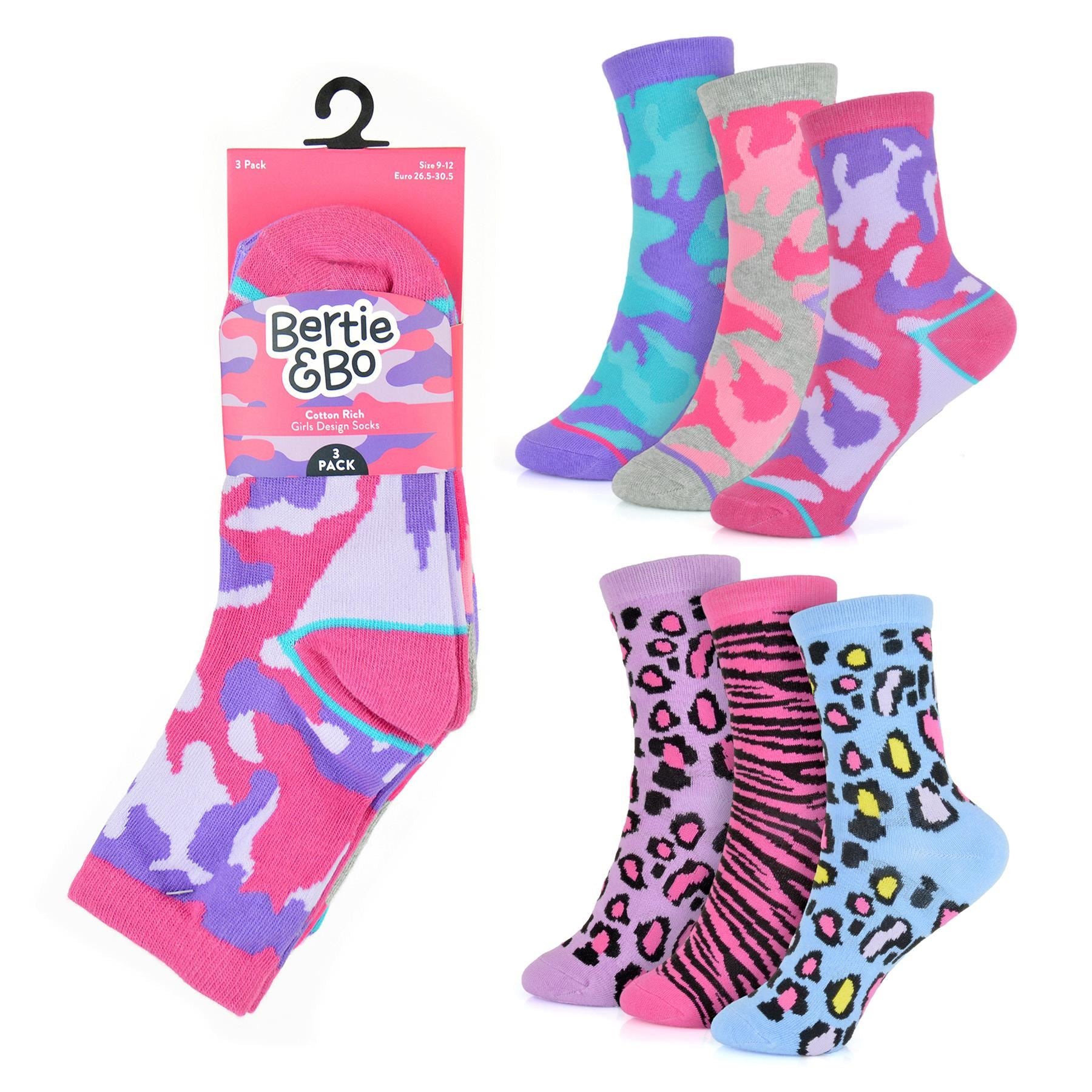 Kids Girls Camouflage & Animal Print Socks Pack of 3 Kids Cotton Rich Socks