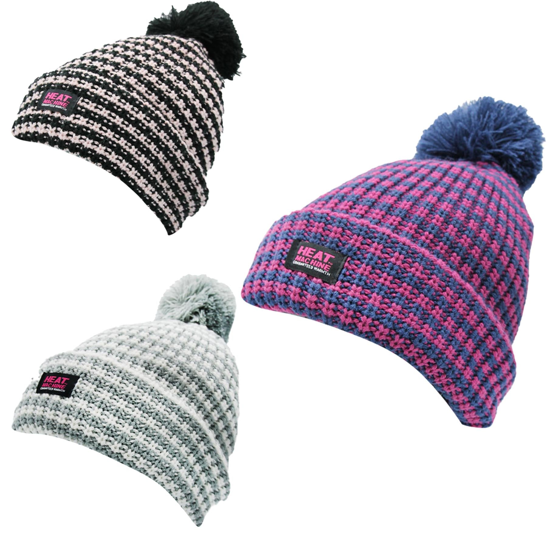 A2Z Ladies Hats Stripe Bobble Beanie Fleece Lined Pom Pom Winter Warm Cosy Caps