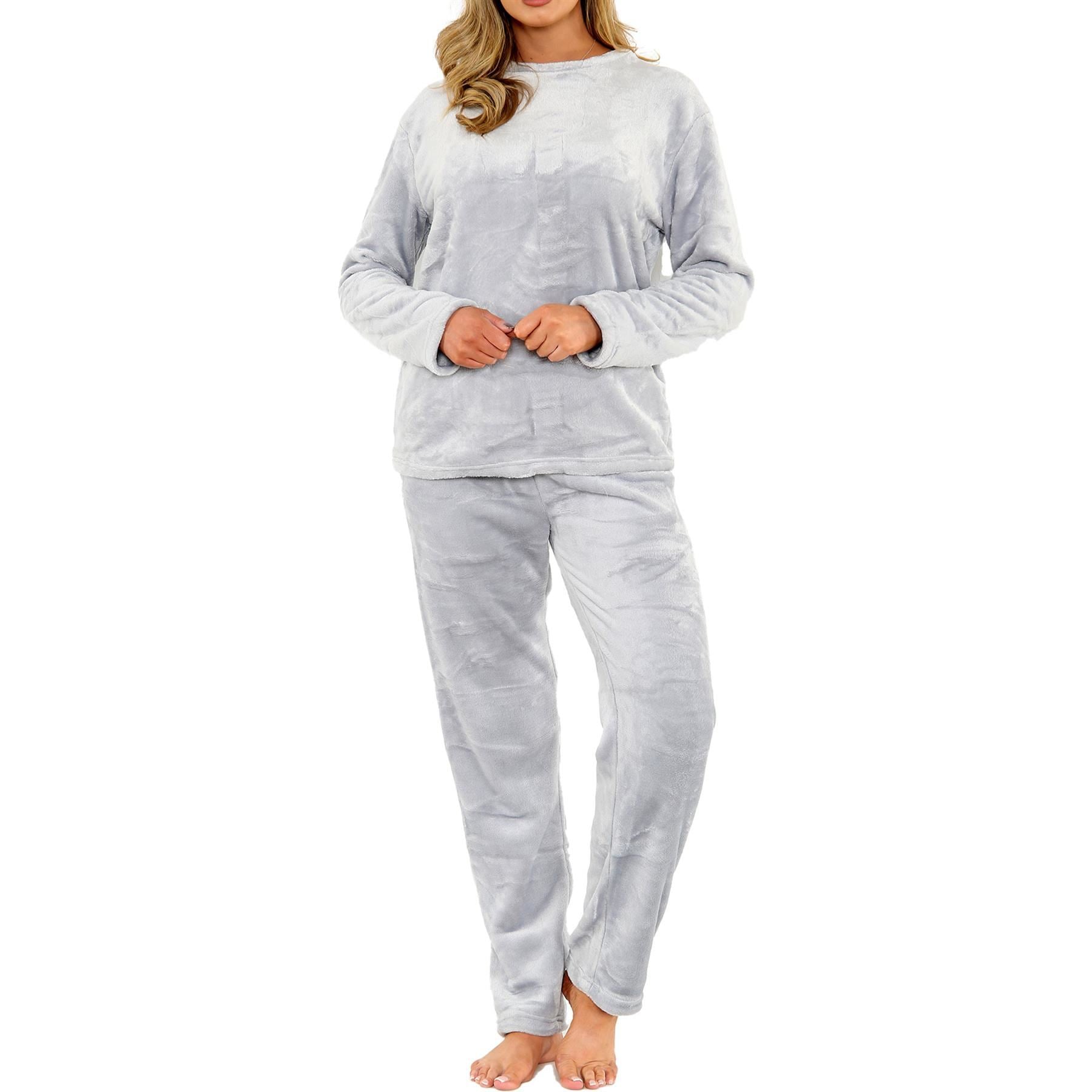 Ladies Pyjamas Soft Warm Fleece Adults Crew Neck Pyjamas 2 Piece Gift Set