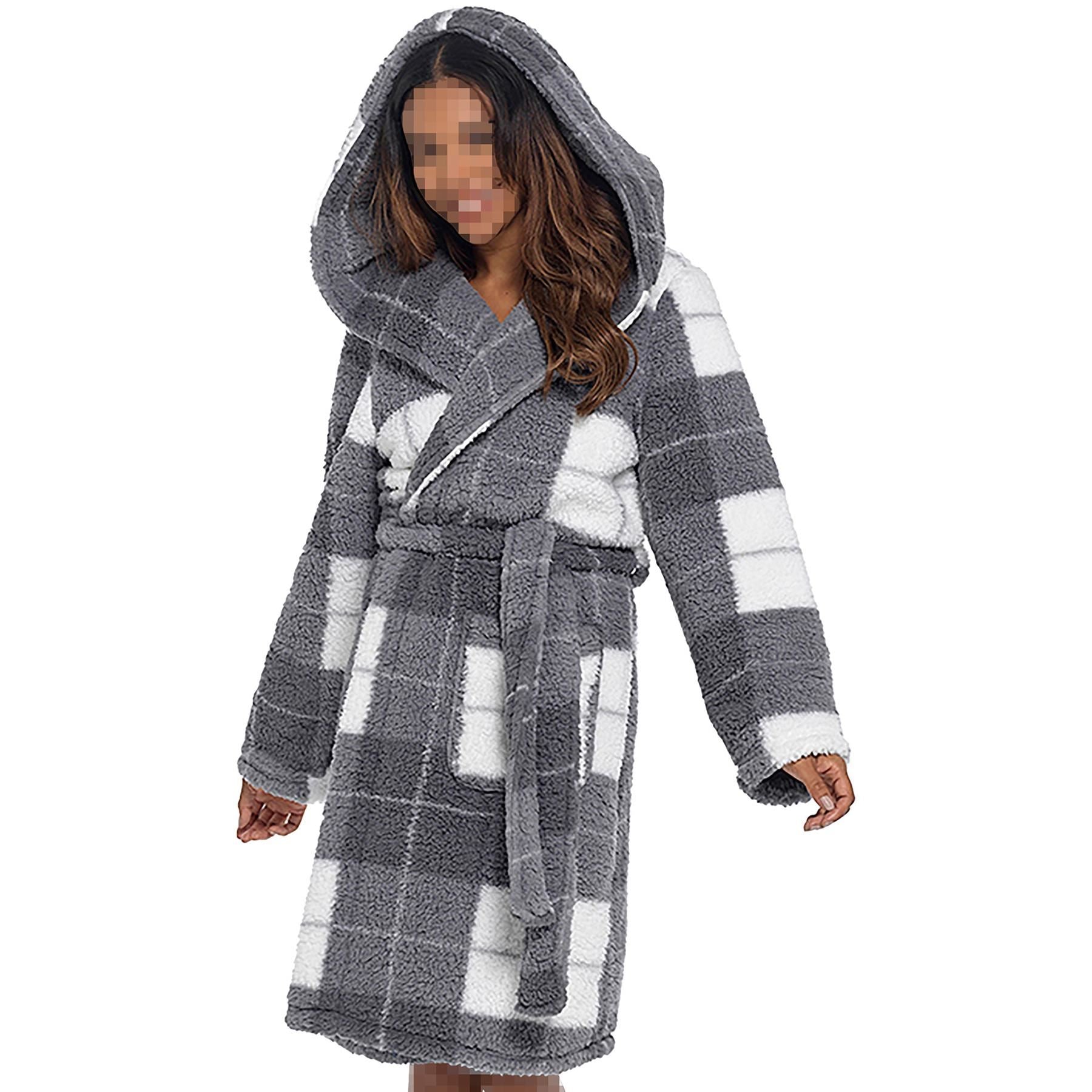 A2Z Women's Luxurious Fluffy Fleece Robe Check Print Sherpa Hooded Dressing Gown