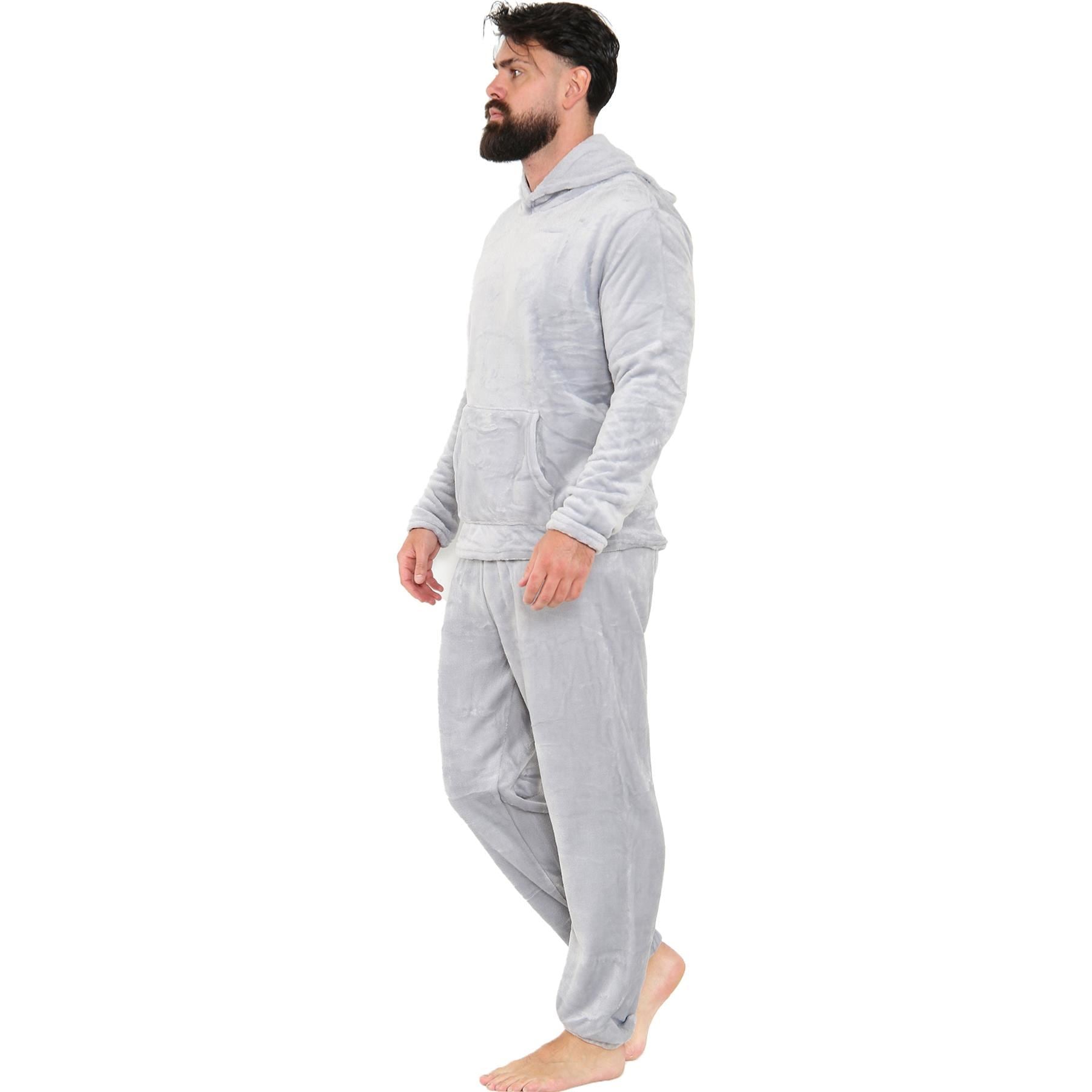 Mens Pyjamas Set Long Sleeve Hooded Plain Soft Fleece Pyjamas Set