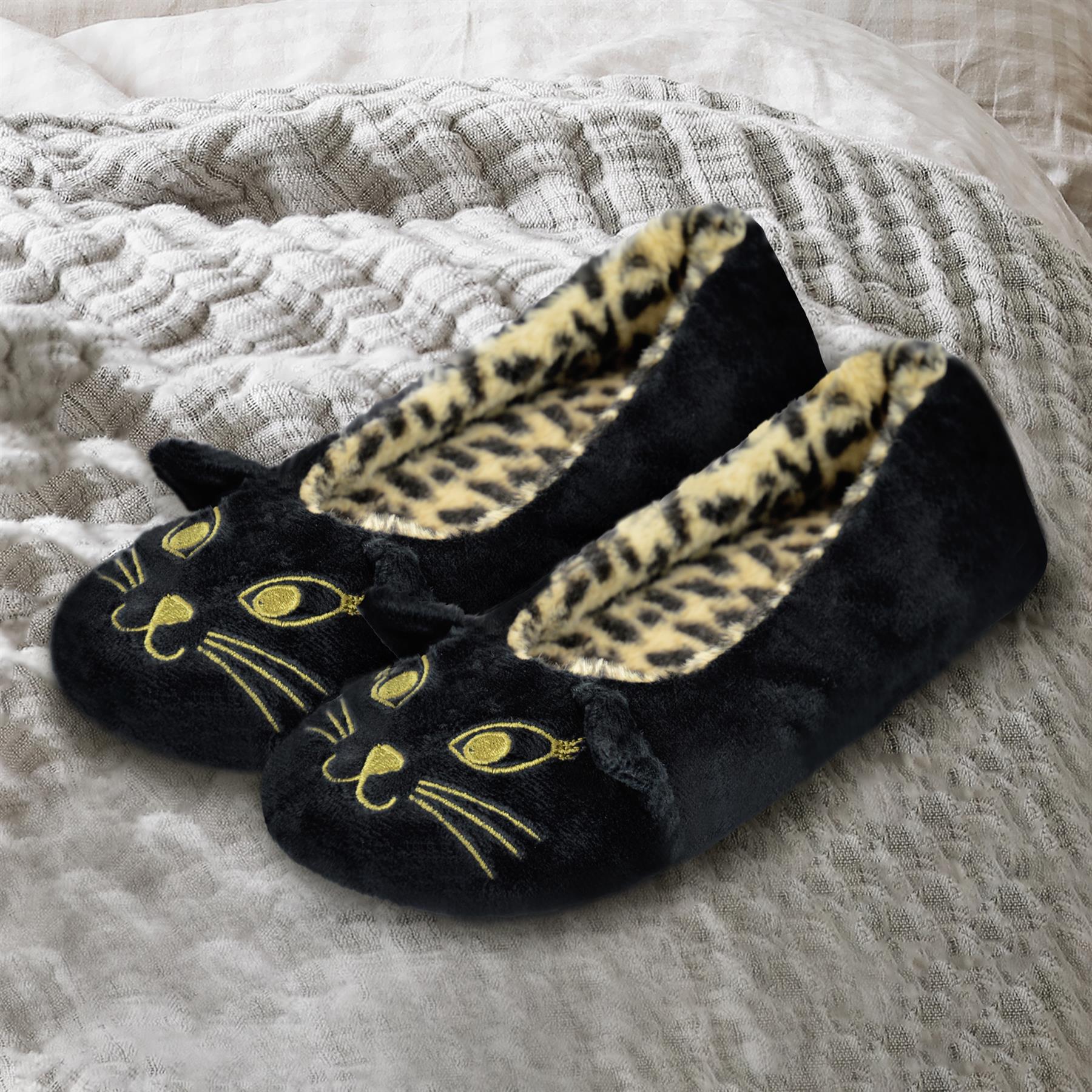 Ladies Ballet Slippers Embroidered Cat Face Comfortable Memory Foam Home Shoes