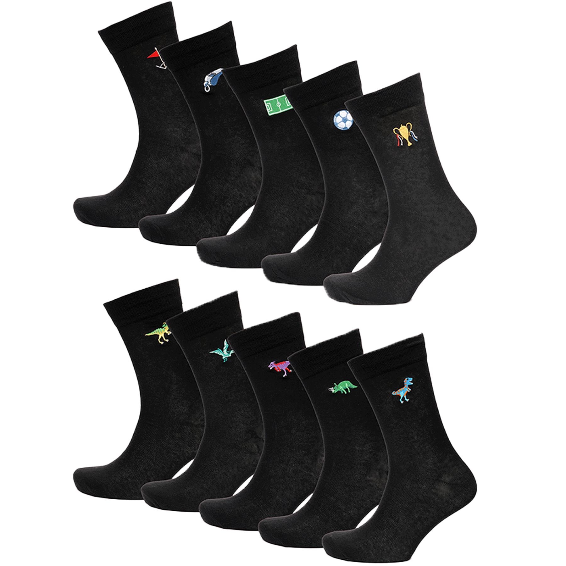 Mens Crew Embroidered Football and Dino Pack of 5 Rich Cotton Comfortable Socks