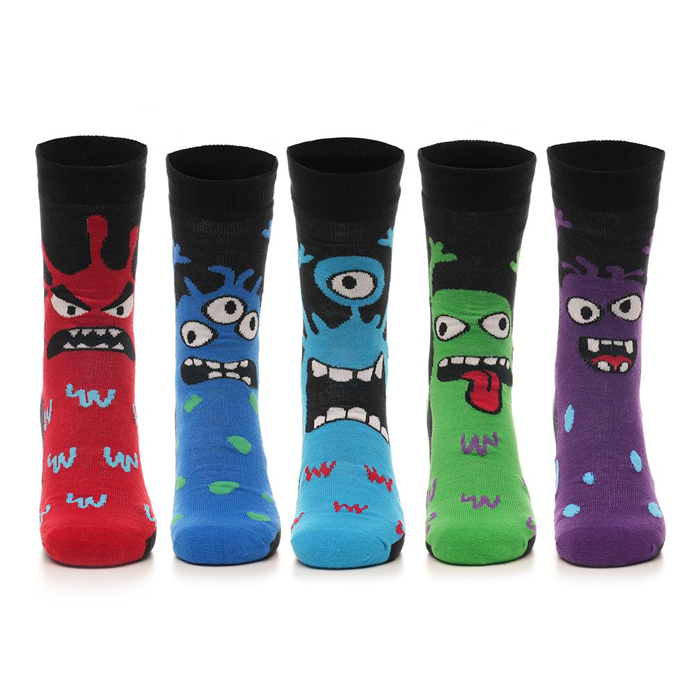 Mens 5 Pack Monster Design Socks Comfortable For Daily Wear Cotton Rich Socks