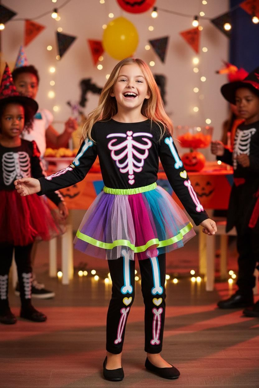 Kids Girls Skeleton Costume With Rainbow Tutu Halloween Parties Fancy Dress